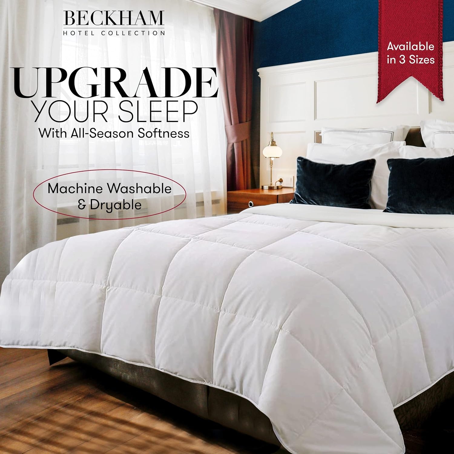 image:imageBeckham Hotel Collection FullQueen Size Comforter 1600 Series Down Alternative Home Bedding amp Duvet Insert CreamNavy Blue