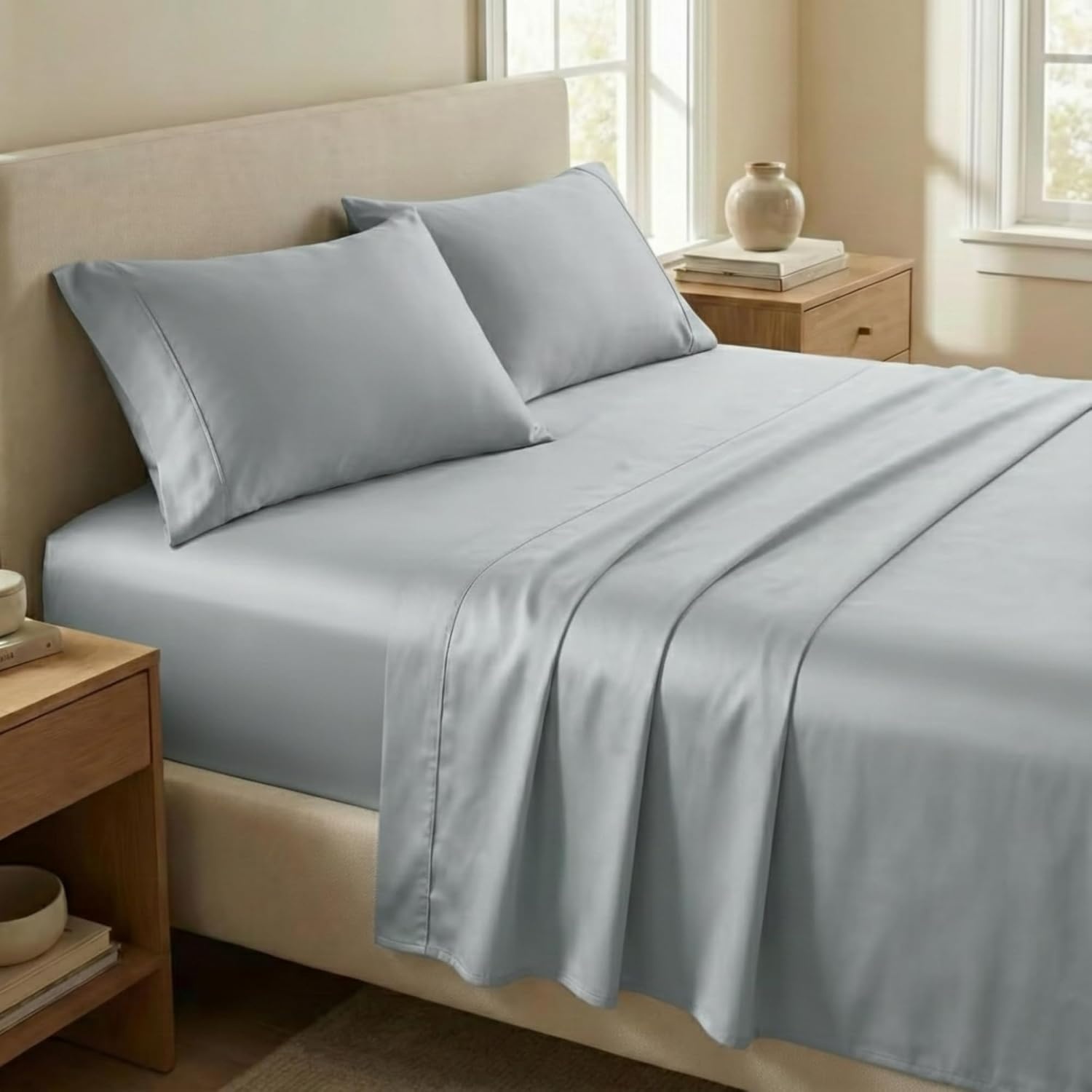 image:imageBeckham Hotel Collection Full Size Mattress Pad amp Gray Cotton Sheet Set Deep Pocket All Season Use
