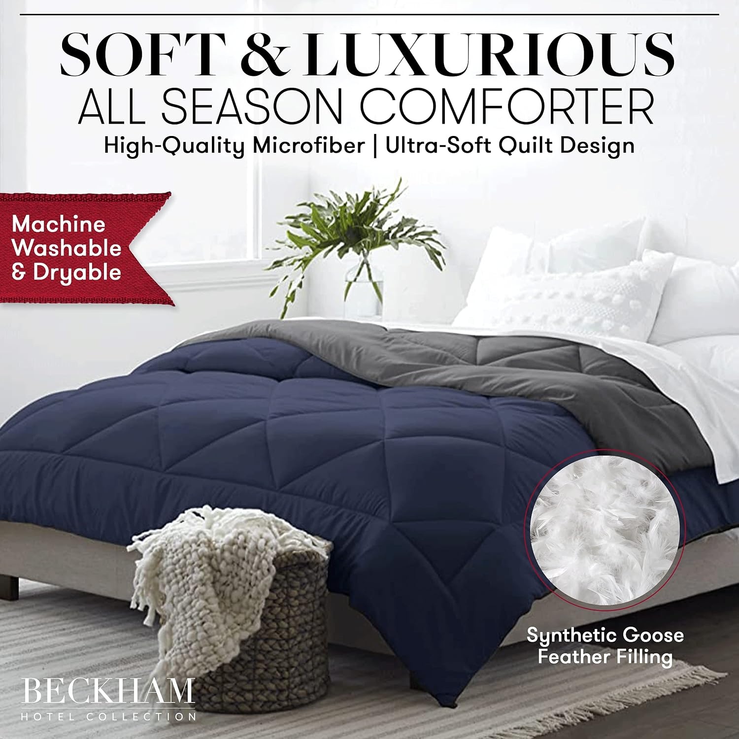 image:imageBeckham Hotel Collection Goose Down Alternative Reversible Comforter All Season Premium Quality Luxury Comforter TwinTwin XL GreyBlack