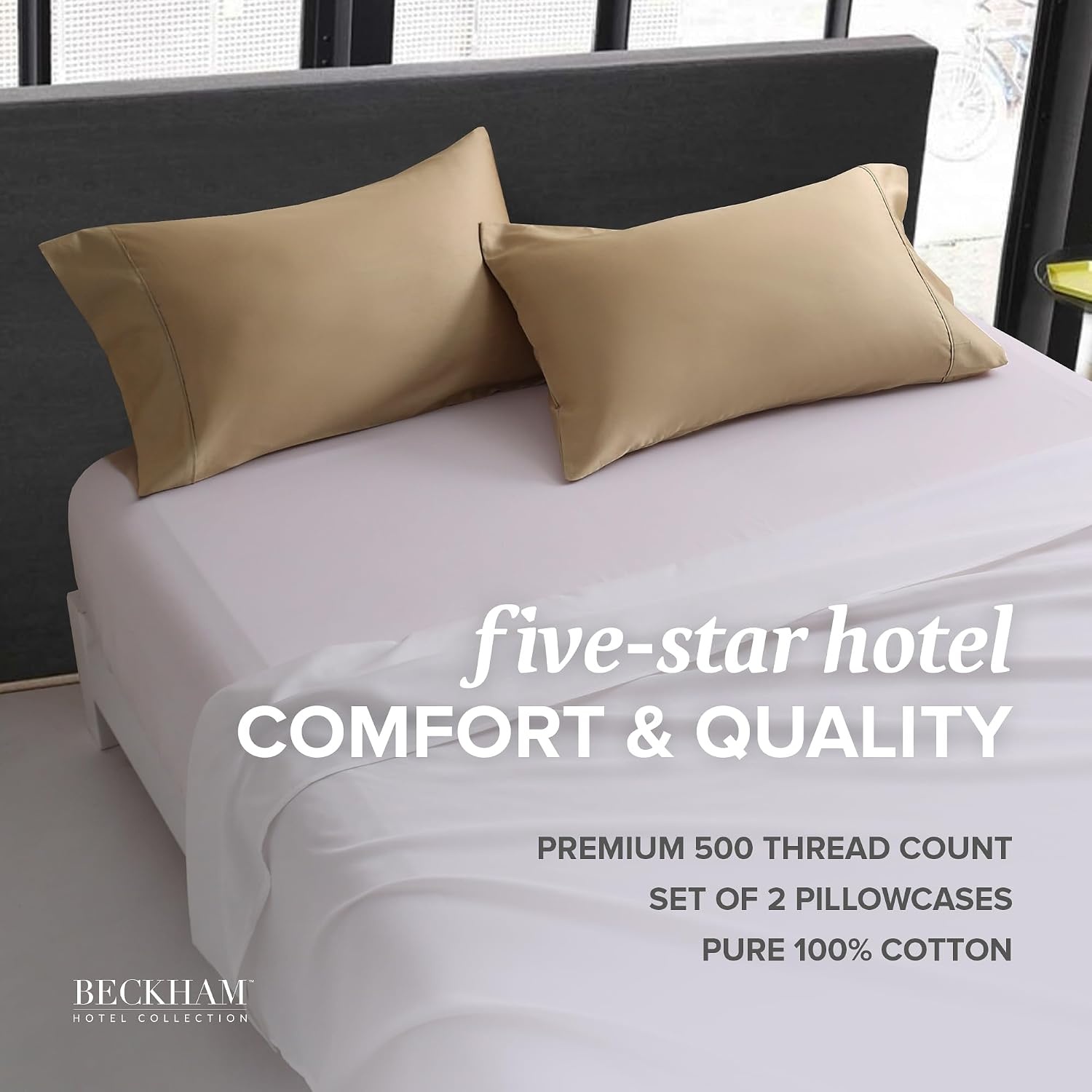 image:imageBeckham Hotel Collection King Size Memory Foam Bed Pillows amp Cotton Pillowcases Set of 2 Sand