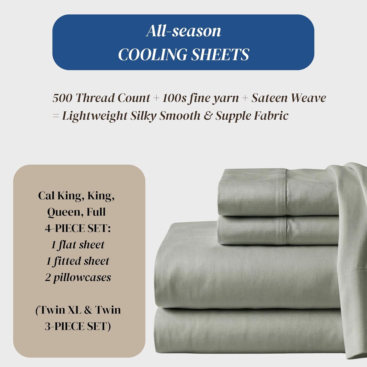 image:imageBeckham Hotel Collection Sheets Set King Size 100 Cotton Sateen Fabric Silky Smooth amp Soft Cool Touch 16 Deep Pocket 4Piece White06 Aqua Gray