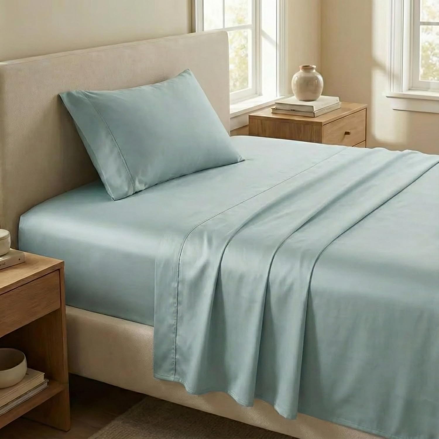 image:imageBeckham Hotel Collection Sheets Set King Size 100 Cotton Sateen Fabric Silky Smooth amp Soft Cool Touch 16 Deep Pocket 4Piece White06 Aqua Gray