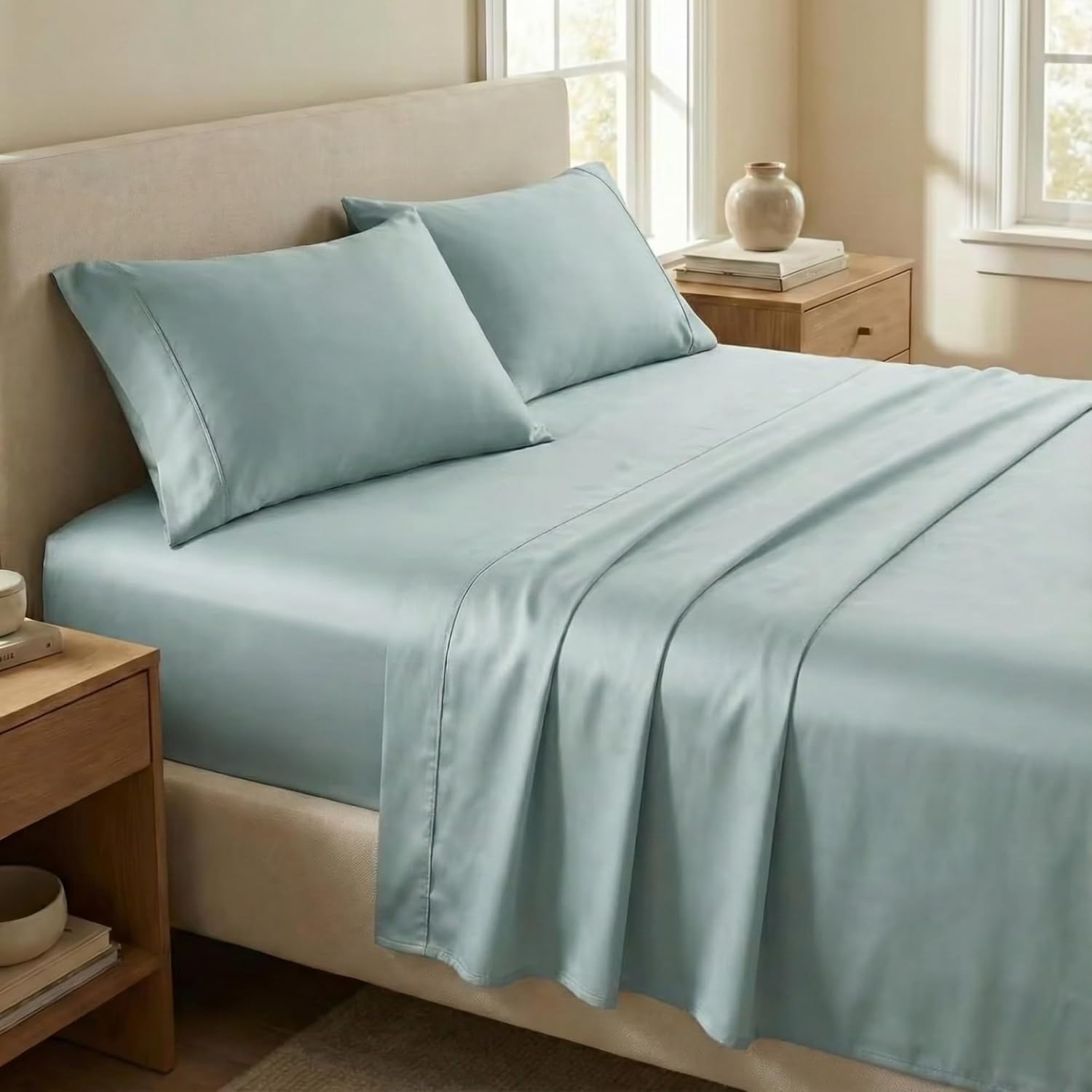 image:imageBeckham Hotel Collection Sheets Set King Size 100 Cotton Sateen Fabric Silky Smooth amp Soft Cool Touch 16 Deep Pocket 4Piece White06 Aqua Gray