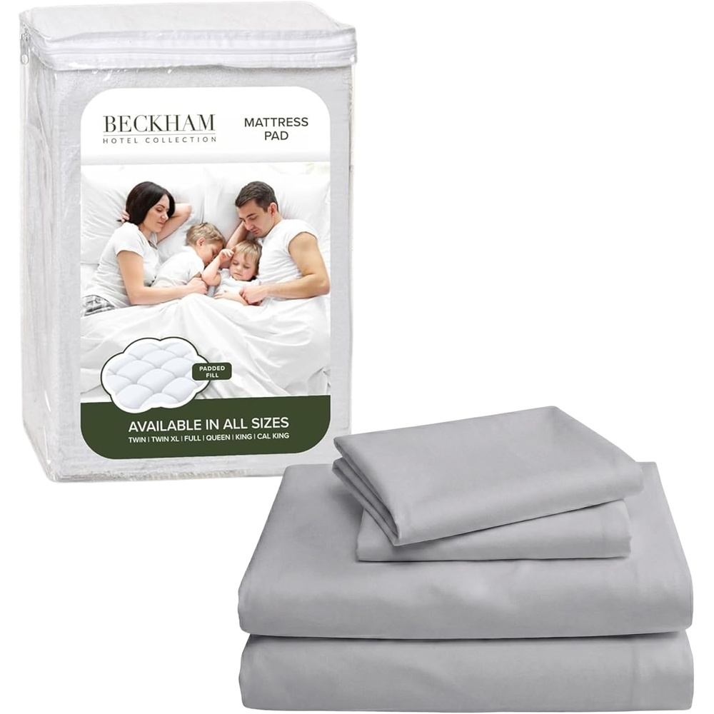 image:imageBeckham Hotel Collection Full Size Mattress Pad amp Gray Cotton Sheet Set Deep Pocket All Season Use