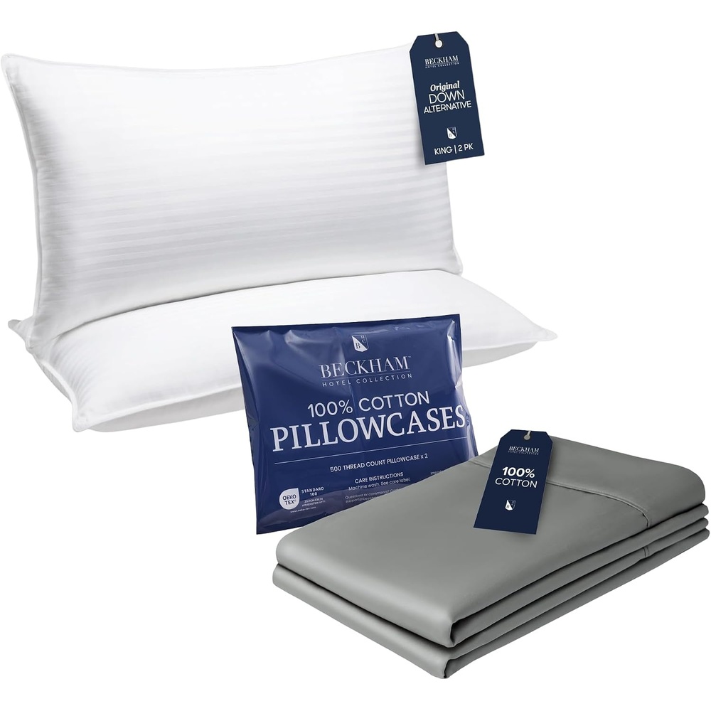image:imageBeckham Hotel Collection King Pillows with Cotton Pillowcases Sets of 2 Soft Down Alternative Pillows Open End Cases for Easy Changing Dark Gray