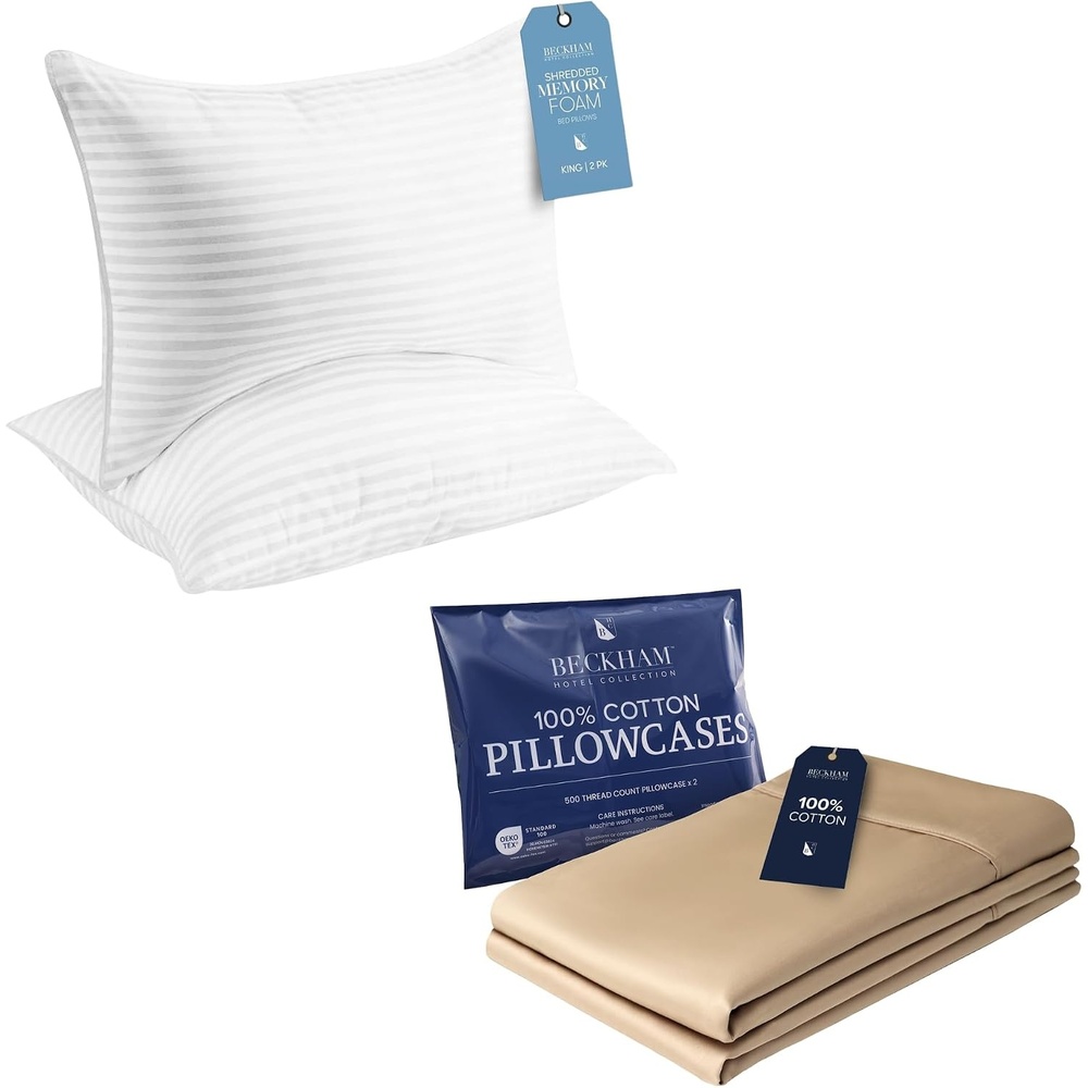 image:imageBeckham Hotel Collection King Size Memory Foam Bed Pillows amp Cotton Pillowcases Set of 2 Sand