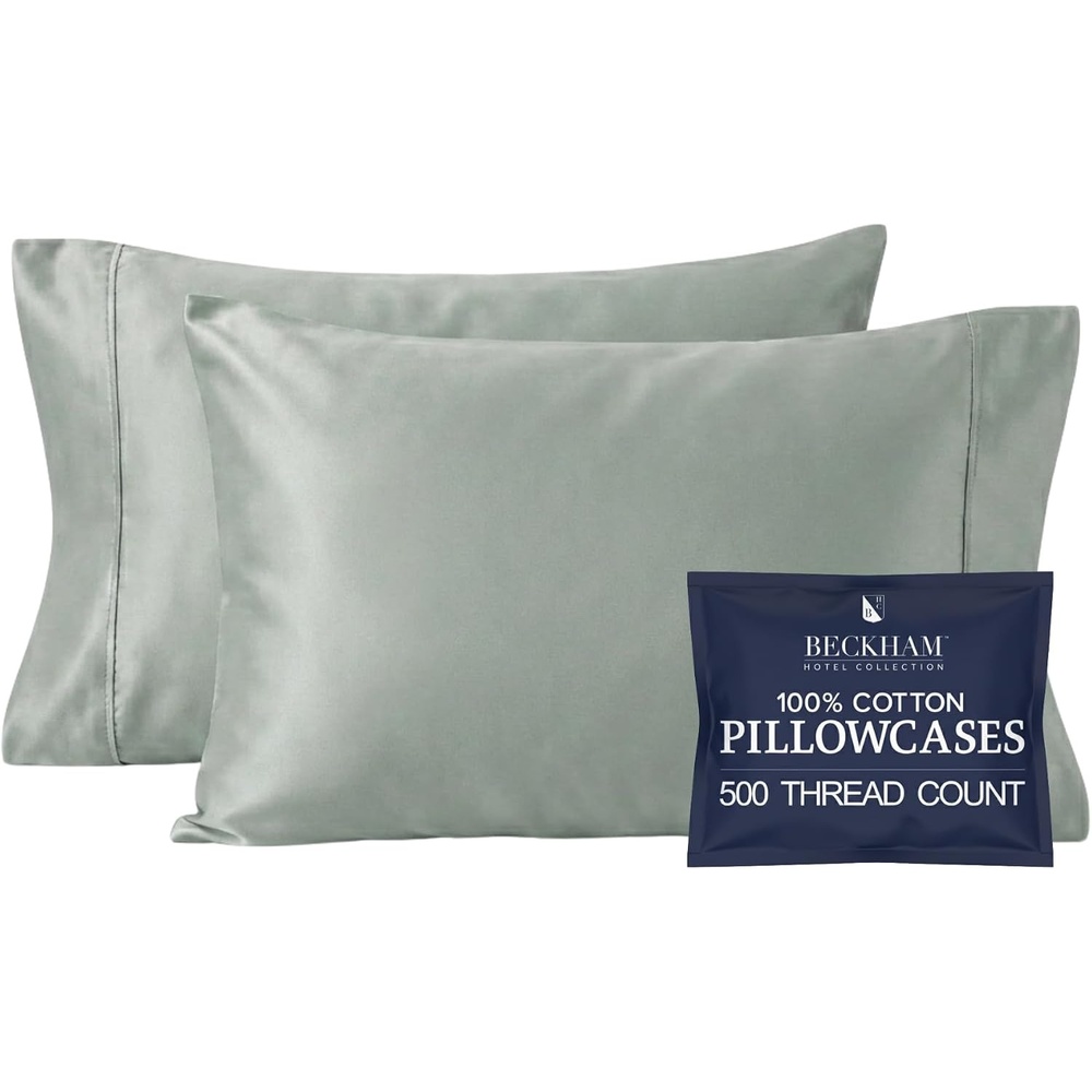 image:imageBeckham Hotel Collection Pillowcases Queen Size Set of 2 Cool Touch Cotton Sateen Fabric 500TC Silky Smooth amp Soft Open End Aqua Gray06 Aqua Gray