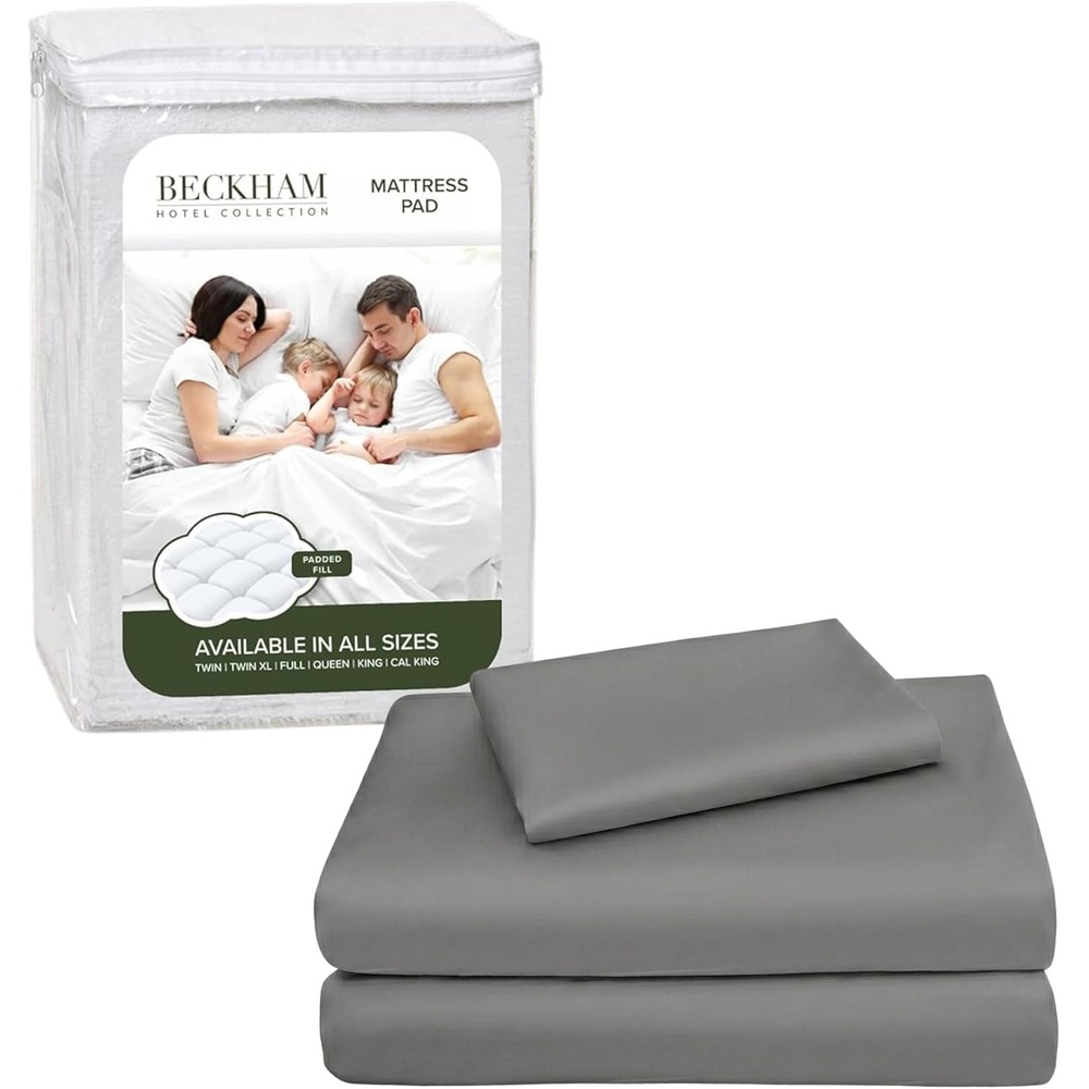 image:imageBeckham Hotel Collection Twin Size Mattress Pad amp Dark Gray Cotton Sheet Set Deep Pocket All Season Use
