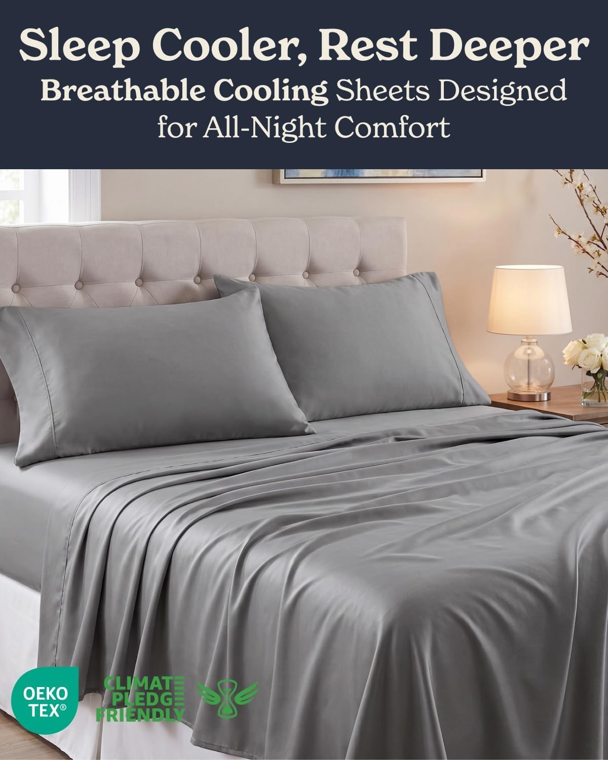 image:imageBeckham Hotel Collection Cal King 4 Piece Cooling Sheet Set for Hot Sleepers Silky Soft Breathable amp Cooling Summer Bed Sheets Fits Mattress Up to 16 Deep Pockets Wrinkle amp Fade Free Dark Gray