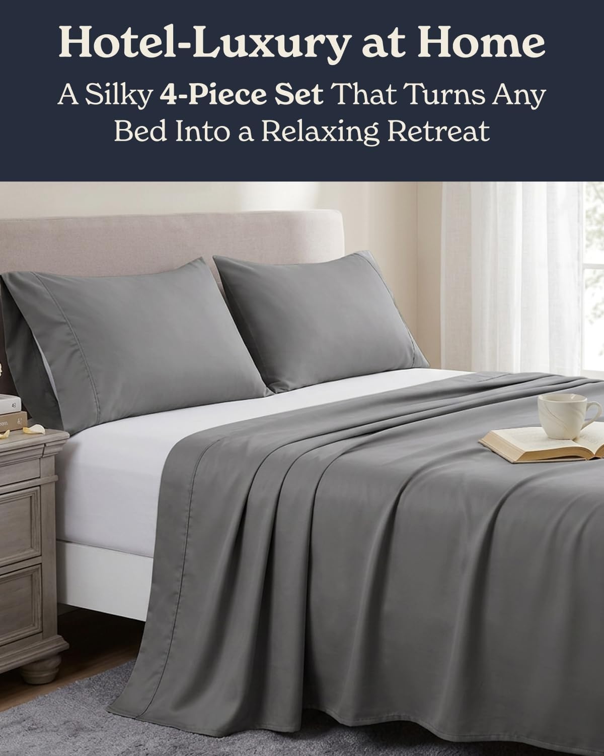image:imageBeckham Hotel Collection Cal King 4 Piece Cooling Sheet Set for Hot Sleepers Silky Soft Breathable amp Cooling Summer Bed Sheets Fits Mattress Up to 16 Deep Pockets Wrinkle amp Fade Free Dark Gray