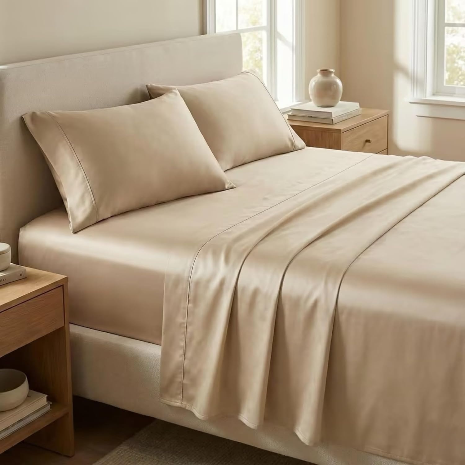 image:imageBeckham Hotel Collection Down Alternative Pillows amp Cotton Sheets 4 Piece Set 16 Deep Pocket 2 Open End Pillowcases King Sand