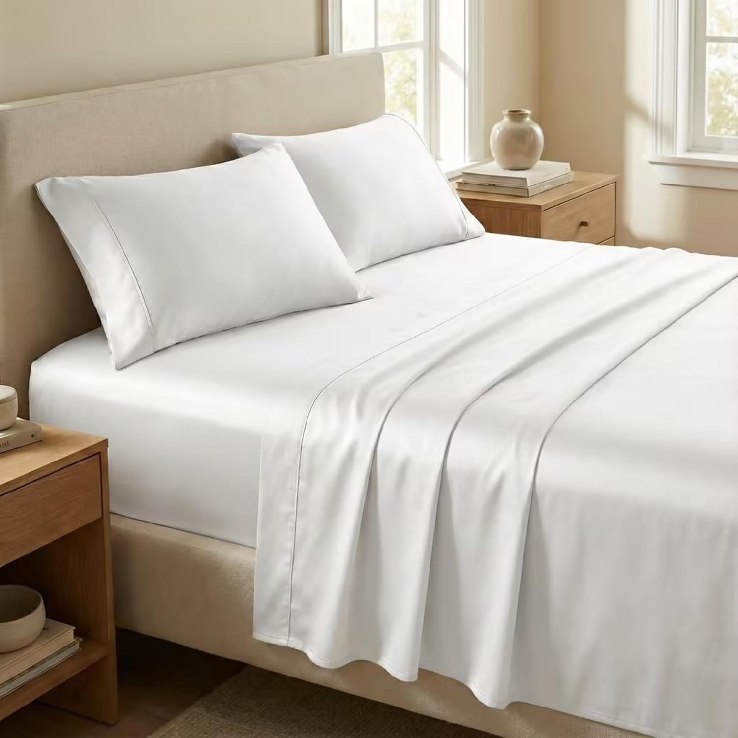 image:imageBeckham Hotel Collection King Sheet Set 100 Cotton 500TC Sateen 4 Pillowcases 16 Deep Pocket Fitted Sheet MoistureWicking 6Piece White