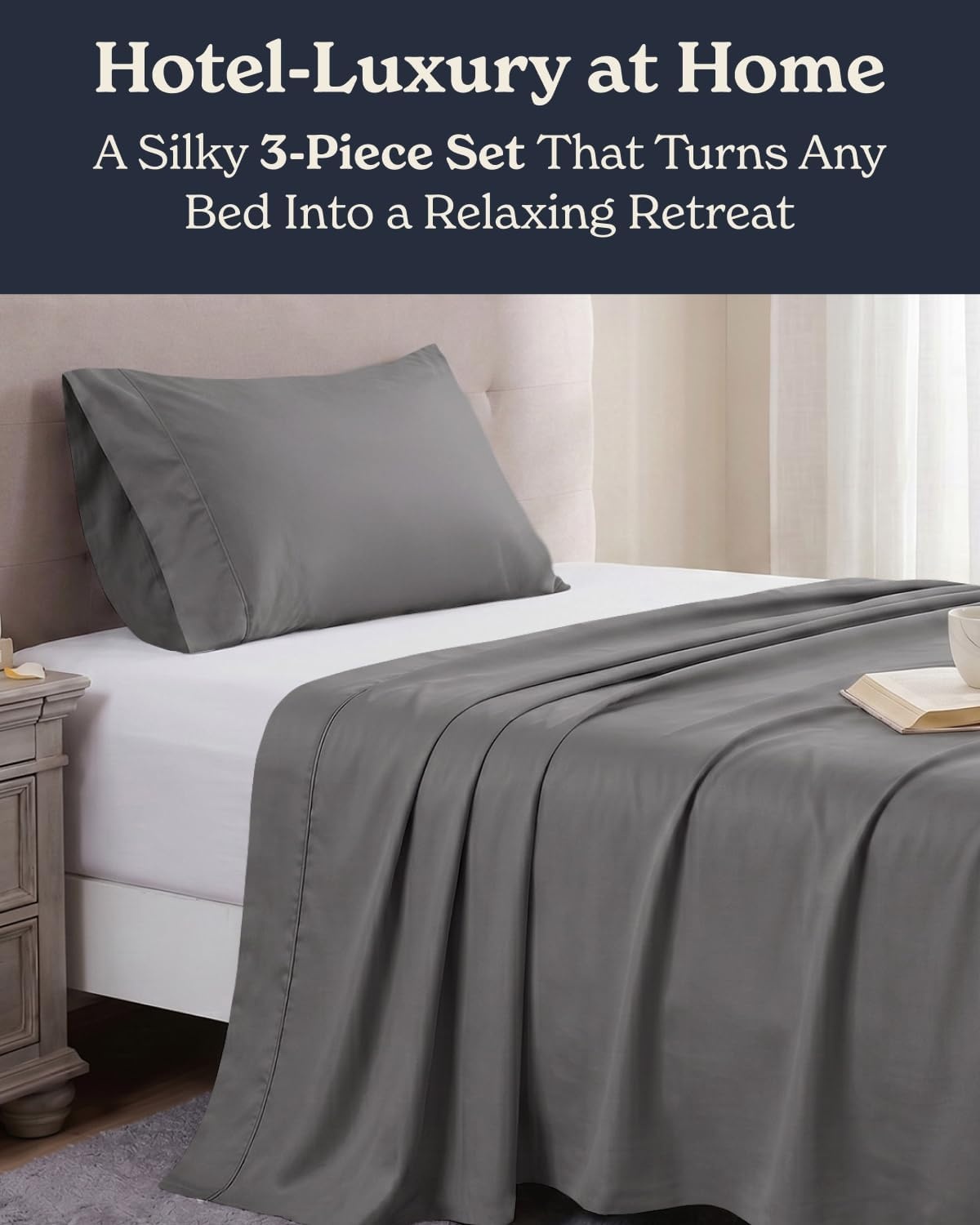image:imageBeckham Hotel Collection Twin 3 Piece Cooling Sheet Set for Hot Sleepers Silky Soft Breathable amp Cooling Summer Bed Sheets Fits Mattress Up to 16 Deep Pockets Wrinkle amp Fade Free Dark Gray