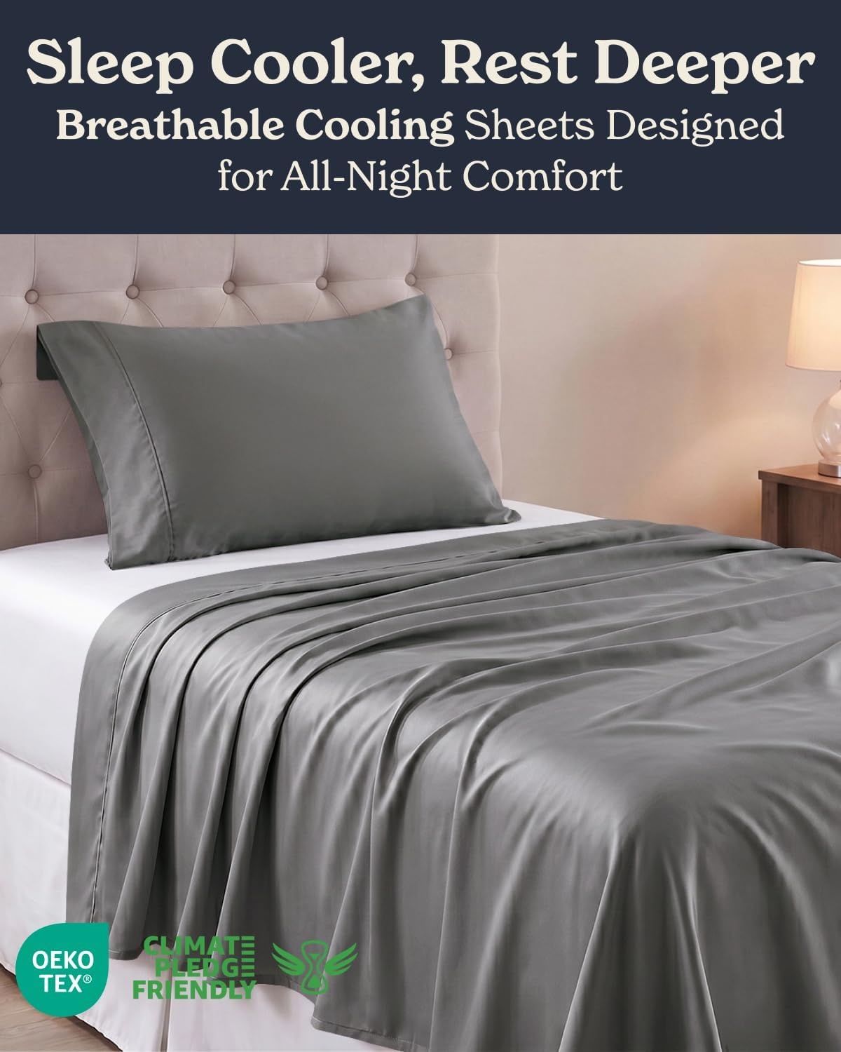 image:imageBeckham Hotel Collection Twin 3 Piece Cooling Sheet Set for Hot Sleepers Silky Soft Breathable amp Cooling Summer Bed Sheets Fits Mattress Up to 16 Deep Pockets Wrinkle amp Fade Free Dark Gray