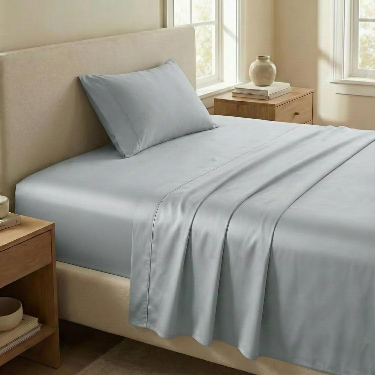 image:imageBeckham Hotel Collection Twin XL Size Mattress Pad amp Gray Cotton Sheet Set Deep Pocket All Season Use