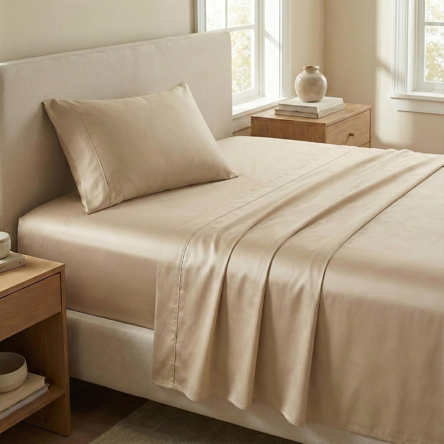 image:imageBeckham Hotel Collection Twin XL Size Mattress Pad amp Sand Cotton Sheet Set Deep Pocket All Season Use
