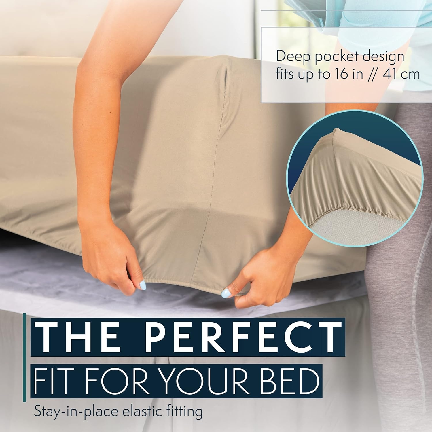 image:imageHC COLLECTION Bed Sheets Set Queen with 2 Pillowcases Hotel Luxury Platinum 1800 Series Brushed Microfiber Deep Pocket Fitted Sheet Fade Resistant Ultra Soft 4 Pcs Bedding for Hot Sleepers Ice Blue05 Taupe