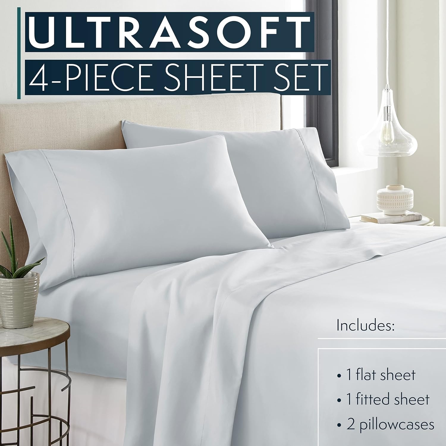 image:imageHC COLLECTION Bed Sheets Set Queen with 2 Pillowcases Hotel Luxury Platinum 1800 Series Brushed Microfiber Deep Pocket Fitted Sheet Fade Resistant Ultra Soft 4 Pcs Bedding for Hot Sleepers Ice Blue03 Ice Blue