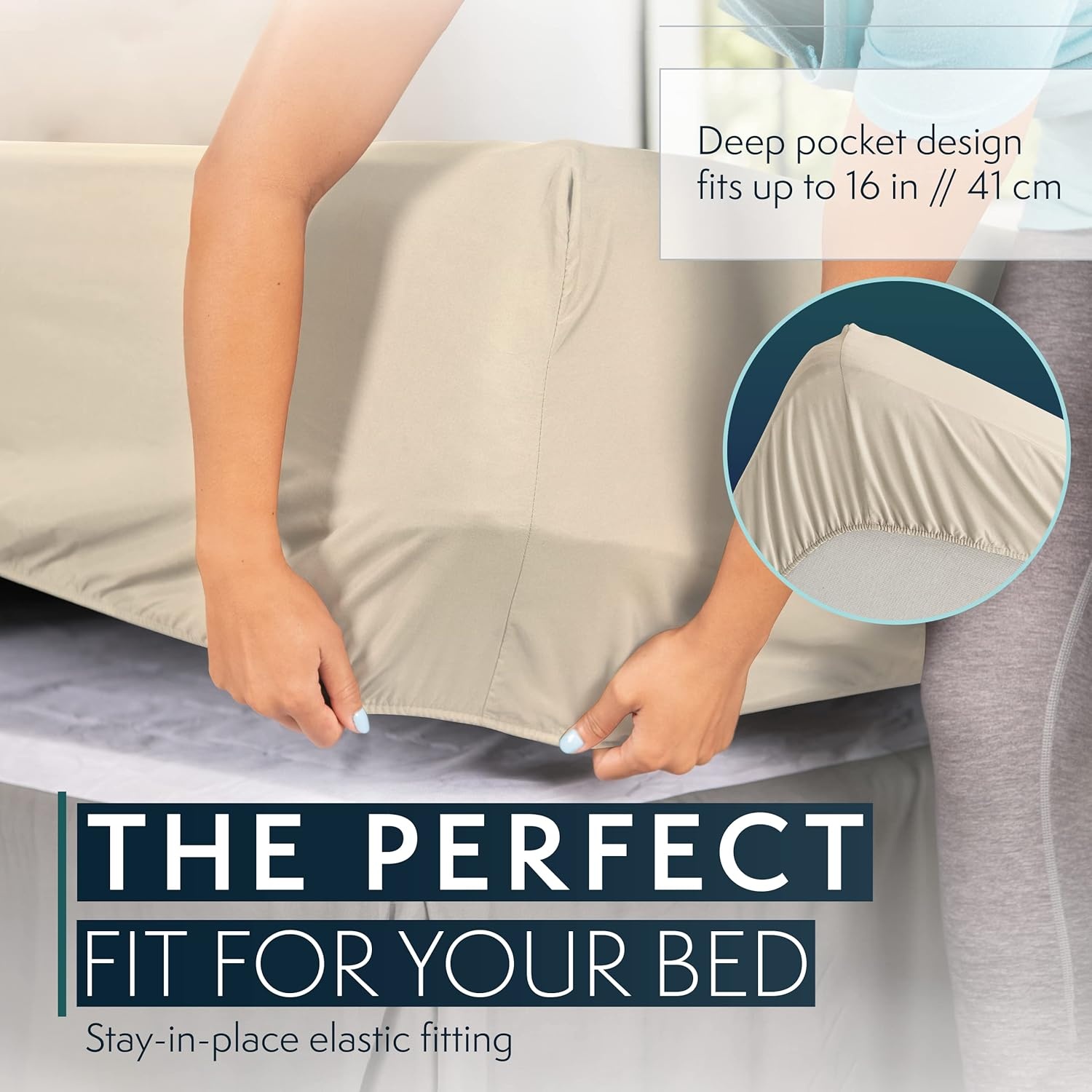 image:imageHC COLLECTION Bed Sheets Set Queen with 2 Pillowcases Hotel Luxury Platinum 1800 Series Brushed Microfiber Deep Pocket Fitted Sheet Fade Resistant Ultra Soft 4 Pcs Bedding for Hot Sleepers Ice Blue04 Cream