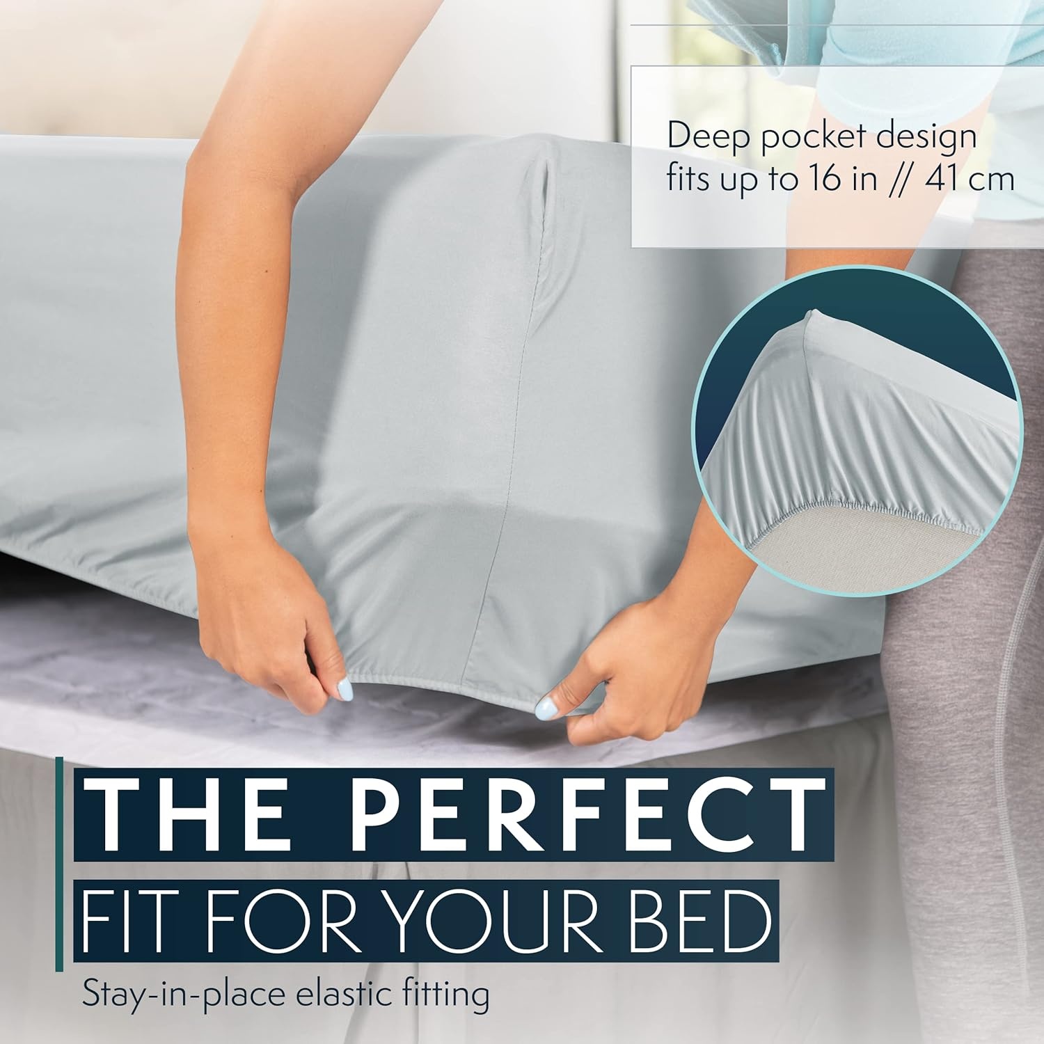 image:imageHC COLLECTION Bed Sheets Set Queen with 2 Pillowcases Hotel Luxury Platinum 1800 Series Brushed Microfiber Deep Pocket Fitted Sheet Fade Resistant Ultra Soft 4 Pcs Bedding for Hot Sleepers Ice Blue03 Ice Blue