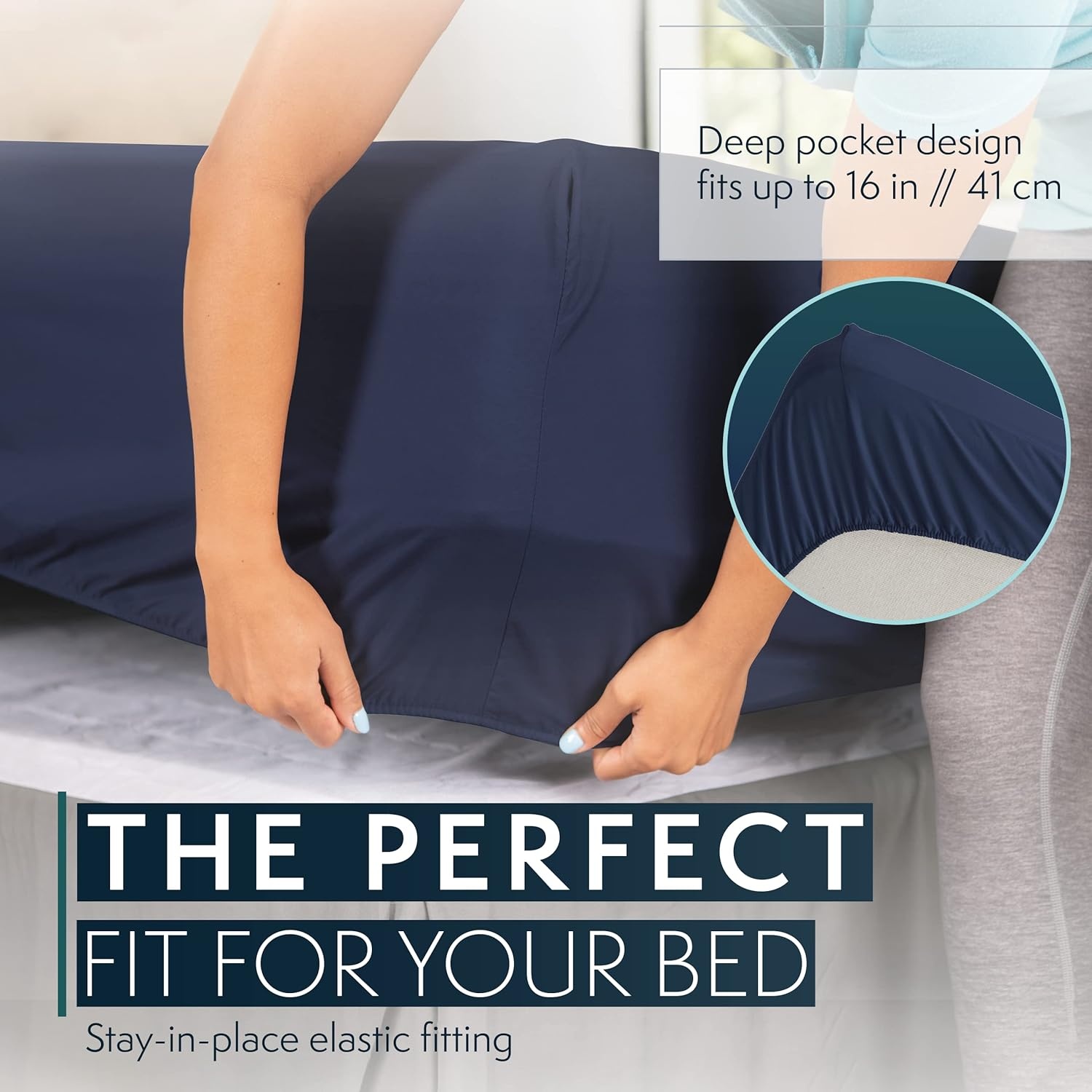 image:imageHC COLLECTION Bed Sheets Set Queen with 2 Pillowcases Hotel Luxury Platinum 1800 Series Brushed Microfiber Deep Pocket Fitted Sheet Fade Resistant Ultra Soft 4 Pcs Bedding for Hot Sleepers Ice Blue10 Navy