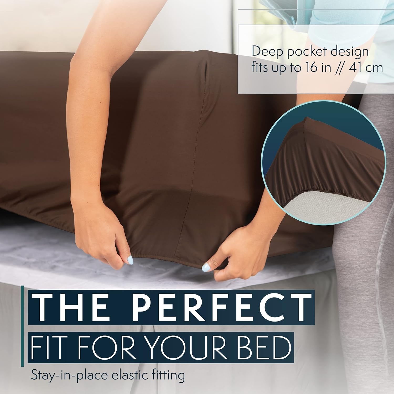 image:imageHC COLLECTION Bed Sheets Set Queen with 2 Pillowcases Hotel Luxury Platinum 1800 Series Brushed Microfiber Deep Pocket Fitted Sheet Fade Resistant Ultra Soft 4 Pcs Bedding for Hot Sleepers Ice Blue13 Brown