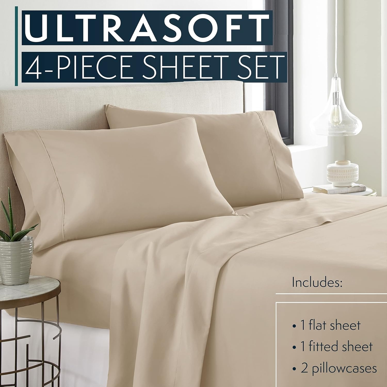image:imageHC COLLECTION Bed Sheets Set Queen with 2 Pillowcases Hotel Luxury Platinum 1800 Series Brushed Microfiber Deep Pocket Fitted Sheet Fade Resistant Ultra Soft 4 Pcs Bedding for Hot Sleepers Ice Blue05 Taupe