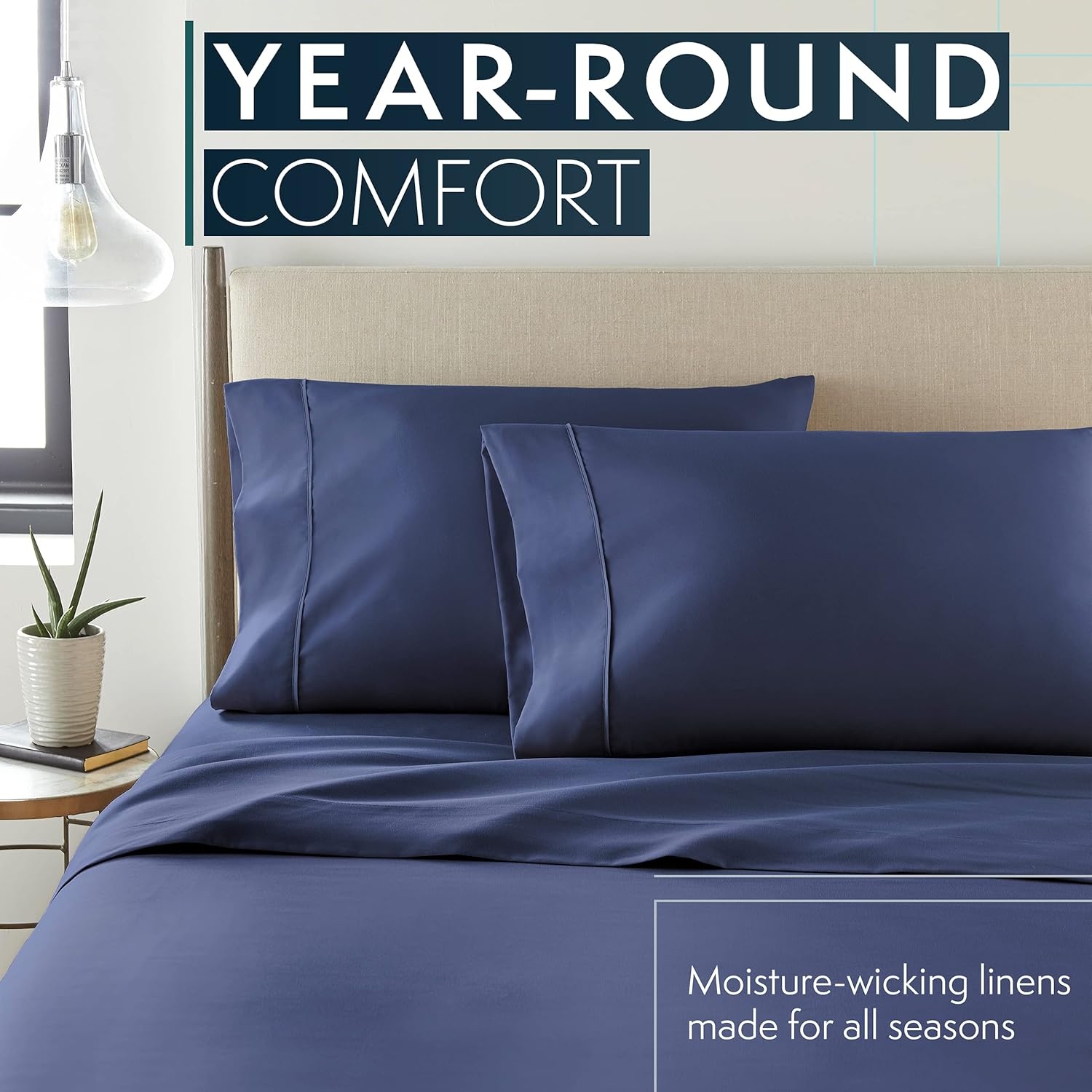 image:imageHC COLLECTION Bed Sheets Set Queen with 2 Pillowcases Hotel Luxury Platinum 1800 Series Brushed Microfiber Deep Pocket Fitted Sheet Fade Resistant Ultra Soft 4 Pcs Bedding for Hot Sleepers Ice Blue10 Navy