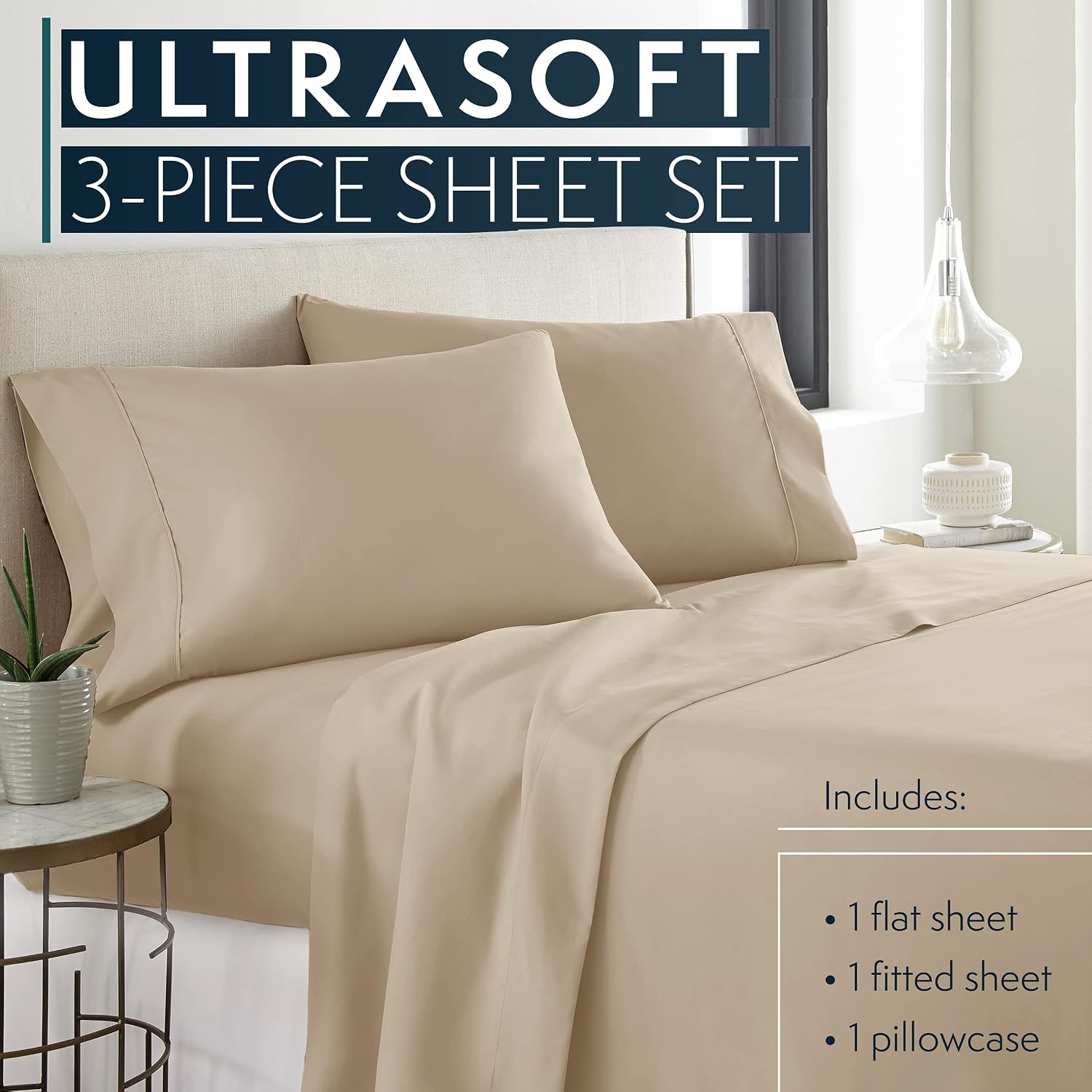 image:imageHC COLLECTION Bed Sheets Set Queen with 2 Pillowcases Hotel Luxury Platinum 1800 Series Brushed Microfiber Deep Pocket Fitted Sheet Fade Resistant Ultra Soft 4 Pcs Bedding for Hot Sleepers Ice Blue05 Taupe