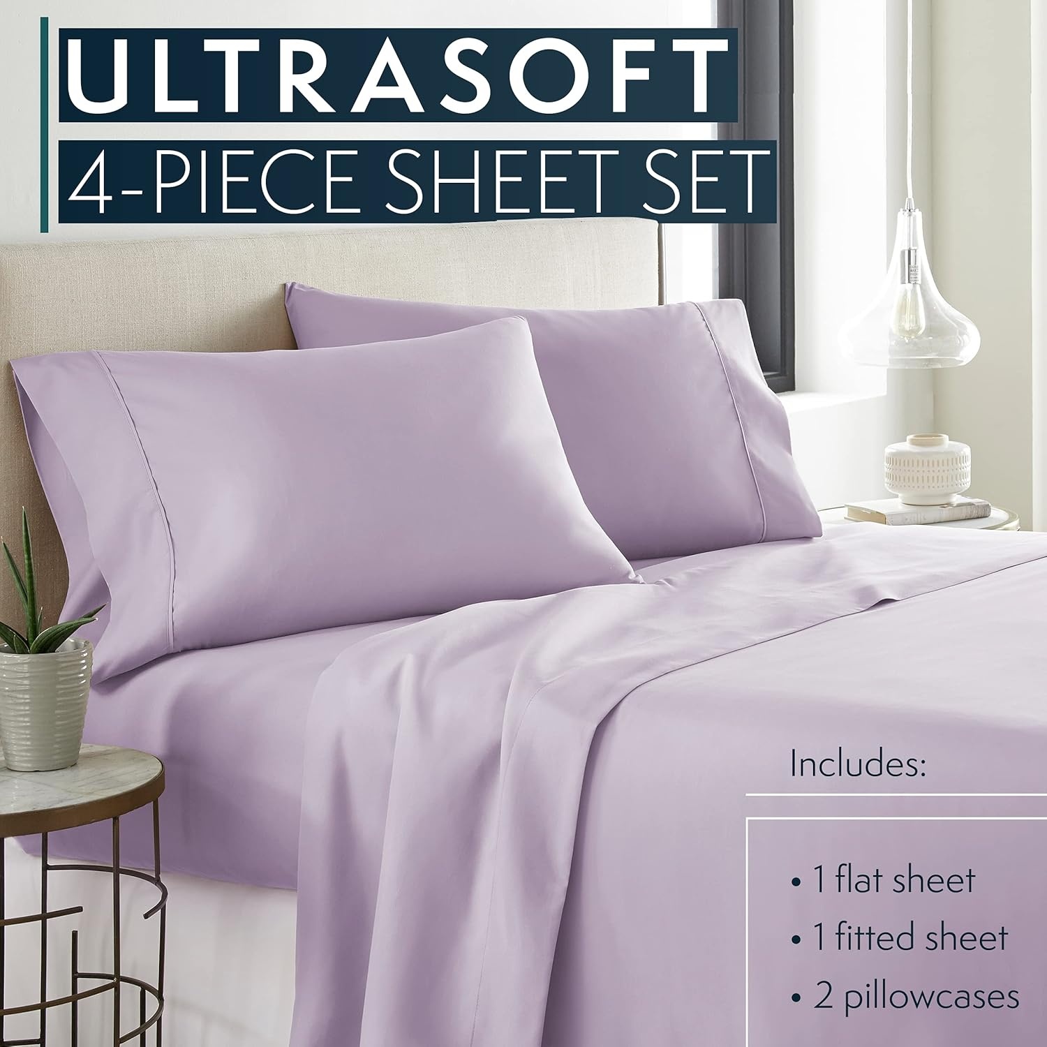 image:imageHC COLLECTION Bed Sheets Set Queen with 2 Pillowcases Hotel Luxury Platinum 1800 Series Brushed Microfiber Deep Pocket Fitted Sheet Fade Resistant Ultra Soft 4 Pcs Bedding for Hot Sleepers Ice Blue08 Lavender