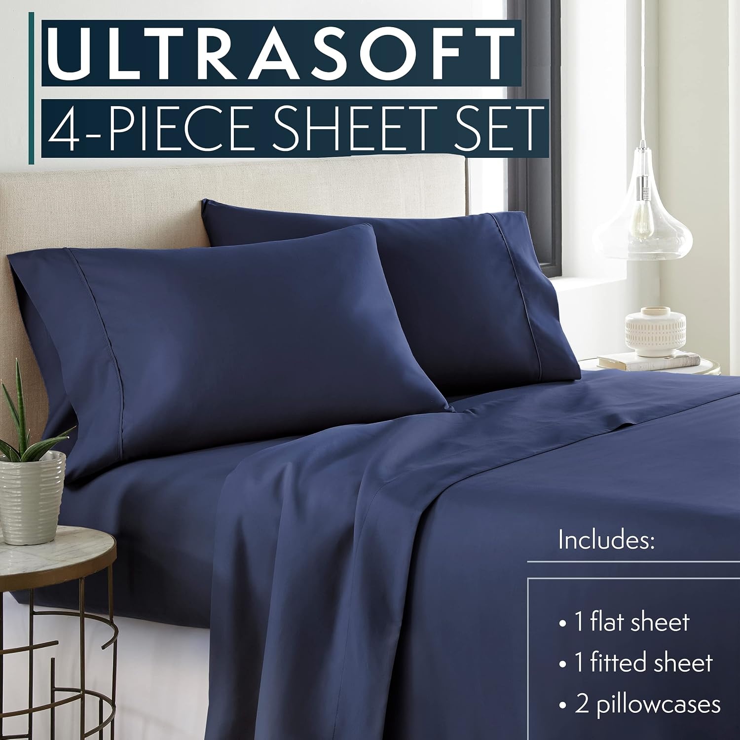 image:imageHC COLLECTION Bed Sheets Set Queen with 2 Pillowcases Hotel Luxury Platinum 1800 Series Brushed Microfiber Deep Pocket Fitted Sheet Fade Resistant Ultra Soft 4 Pcs Bedding for Hot Sleepers Ice Blue10 Navy