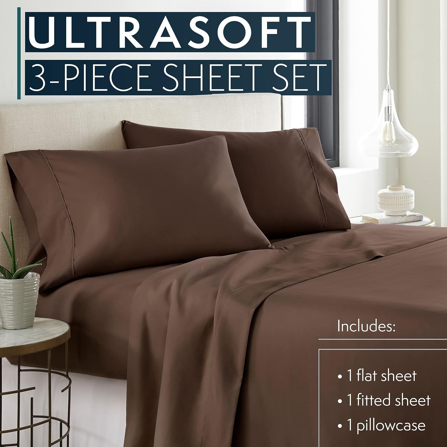 image:imageHC COLLECTION Bed Sheets Set Queen with 2 Pillowcases Hotel Luxury Platinum 1800 Series Brushed Microfiber Deep Pocket Fitted Sheet Fade Resistant Ultra Soft 4 Pcs Bedding for Hot Sleepers Ice Blue13 Brown
