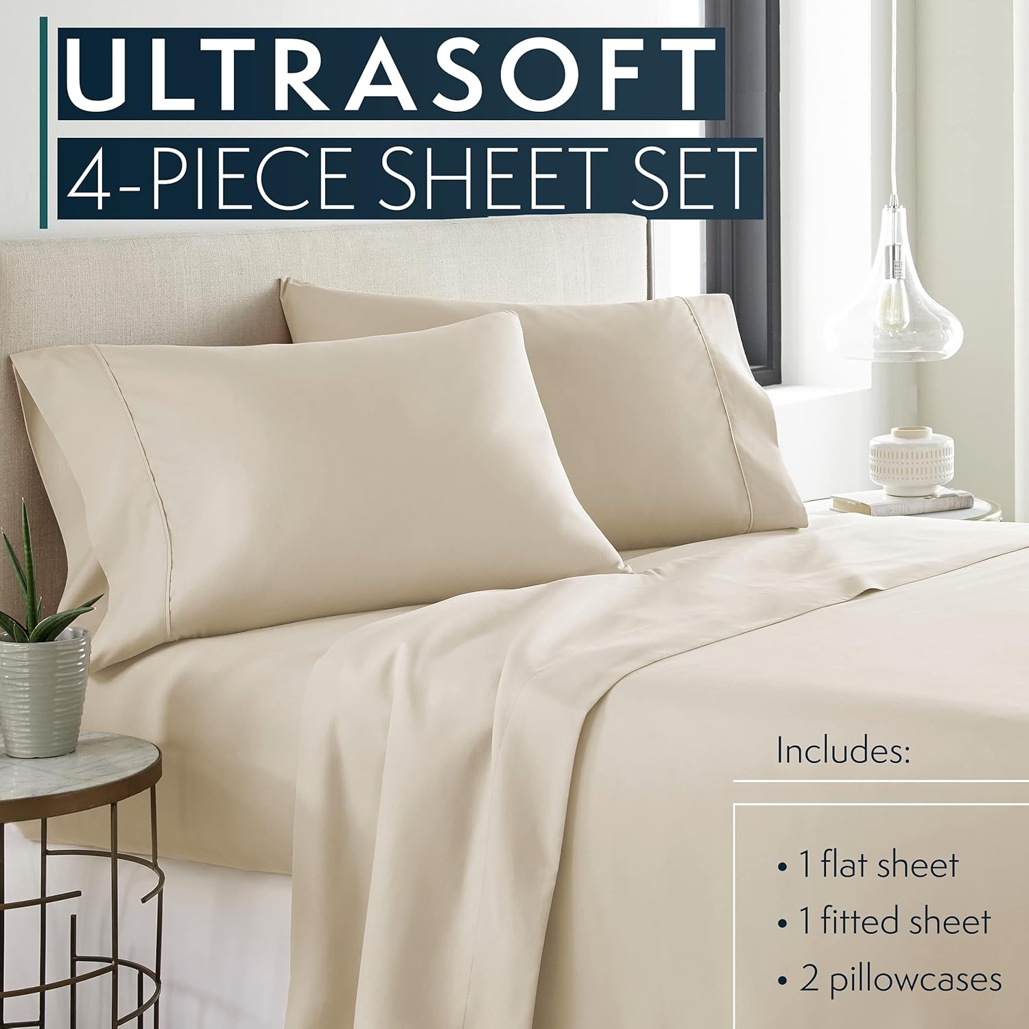 image:imageHC COLLECTION Bed Sheets Set Queen with 2 Pillowcases Hotel Luxury Platinum 1800 Series Brushed Microfiber Deep Pocket Fitted Sheet Fade Resistant Ultra Soft 4 Pcs Bedding for Hot Sleepers Ice Blue04 Cream