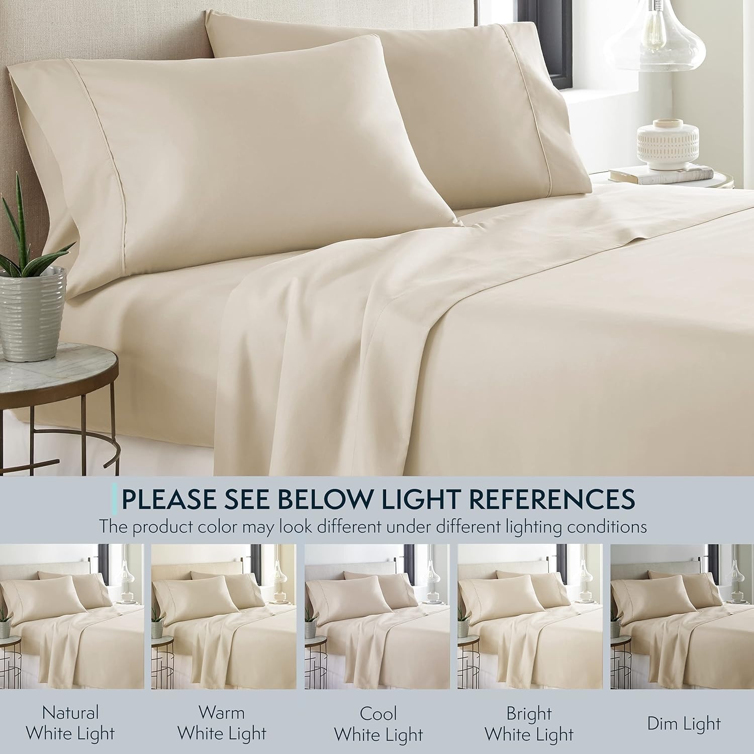 image:imageHC COLLECTION Bed Sheets Set Queen with 2 Pillowcases Hotel Luxury Platinum 1800 Series Brushed Microfiber Deep Pocket Fitted Sheet Fade Resistant Ultra Soft 4 Pcs Bedding for Hot Sleepers Ice Blue04 Cream