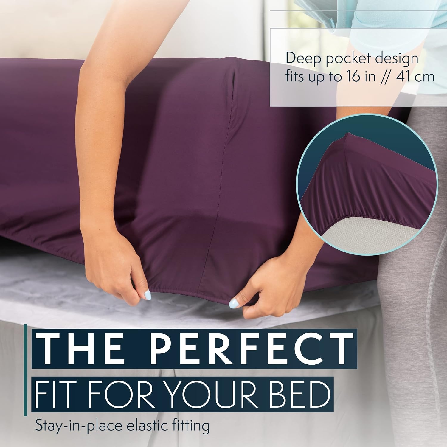 image:imageHC COLLECTION Bed Sheets Set Queen with 2 Pillowcases Hotel Luxury Platinum 1800 Series Brushed Microfiber Deep Pocket Fitted Sheet Fade Resistant Ultra Soft 4 Pcs Bedding for Hot Sleepers Ice Blue09 Purple