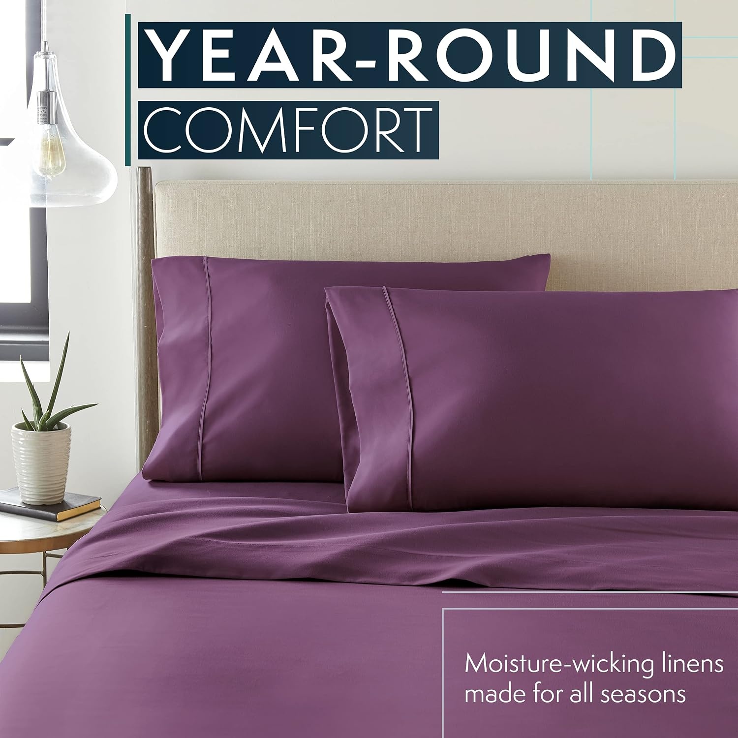 image:imageHC COLLECTION Bed Sheets Set Queen with 2 Pillowcases Hotel Luxury Platinum 1800 Series Brushed Microfiber Deep Pocket Fitted Sheet Fade Resistant Ultra Soft 4 Pcs Bedding for Hot Sleepers Ice Blue09 Purple