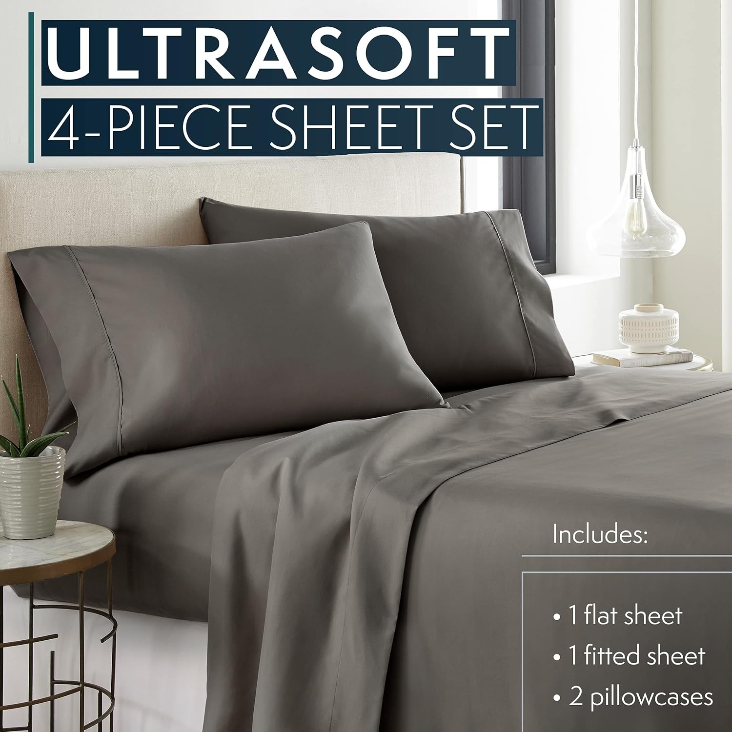 image:imageHC COLLECTION Bed Sheets Set Queen with 2 Pillowcases Hotel Luxury Platinum 1800 Series Brushed Microfiber Deep Pocket Fitted Sheet Fade Resistant Ultra Soft 4 Pcs Bedding for Hot Sleepers Ice Blue02 Gray