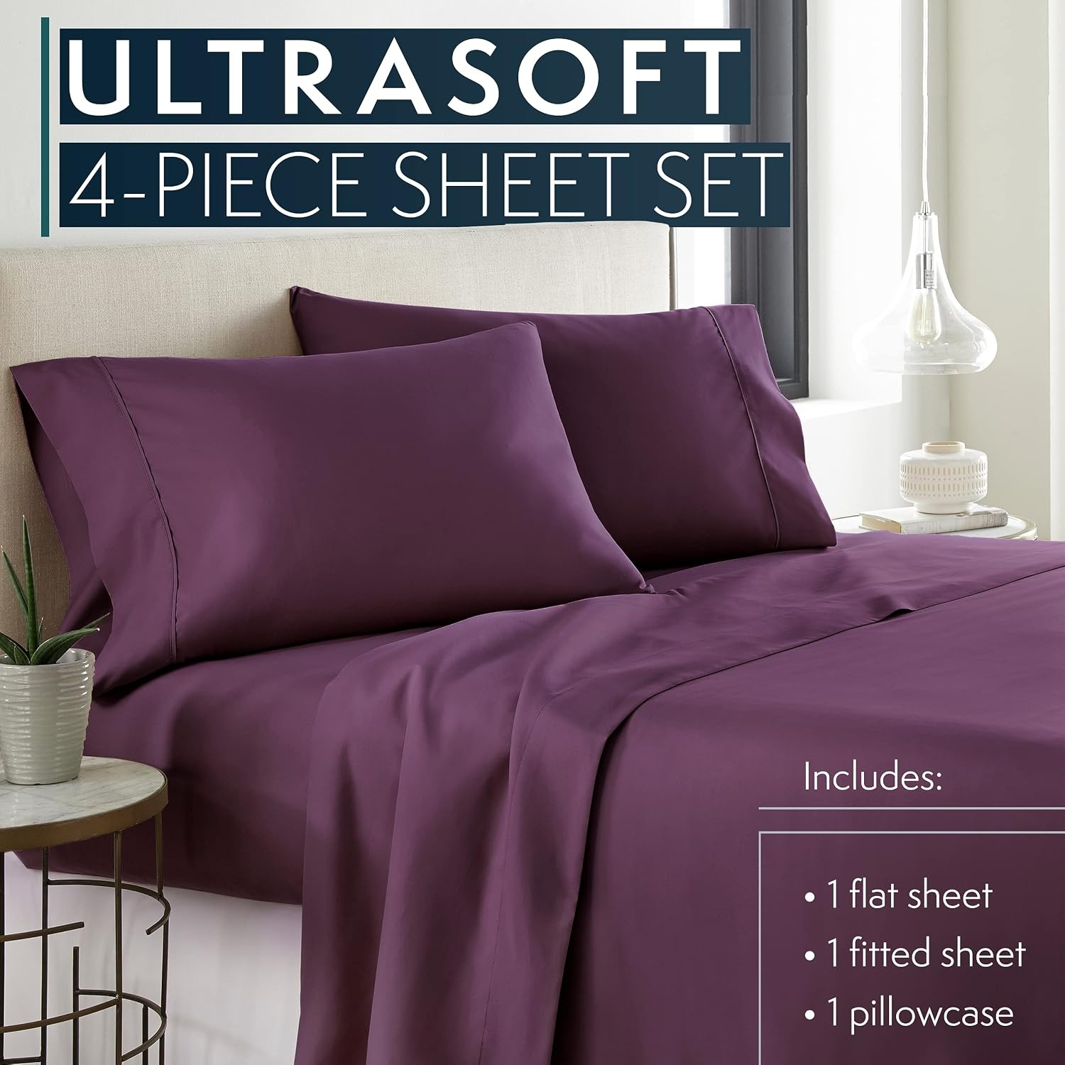 image:imageHC COLLECTION Bed Sheets Set Queen with 2 Pillowcases Hotel Luxury Platinum 1800 Series Brushed Microfiber Deep Pocket Fitted Sheet Fade Resistant Ultra Soft 4 Pcs Bedding for Hot Sleepers Ice Blue09 Purple