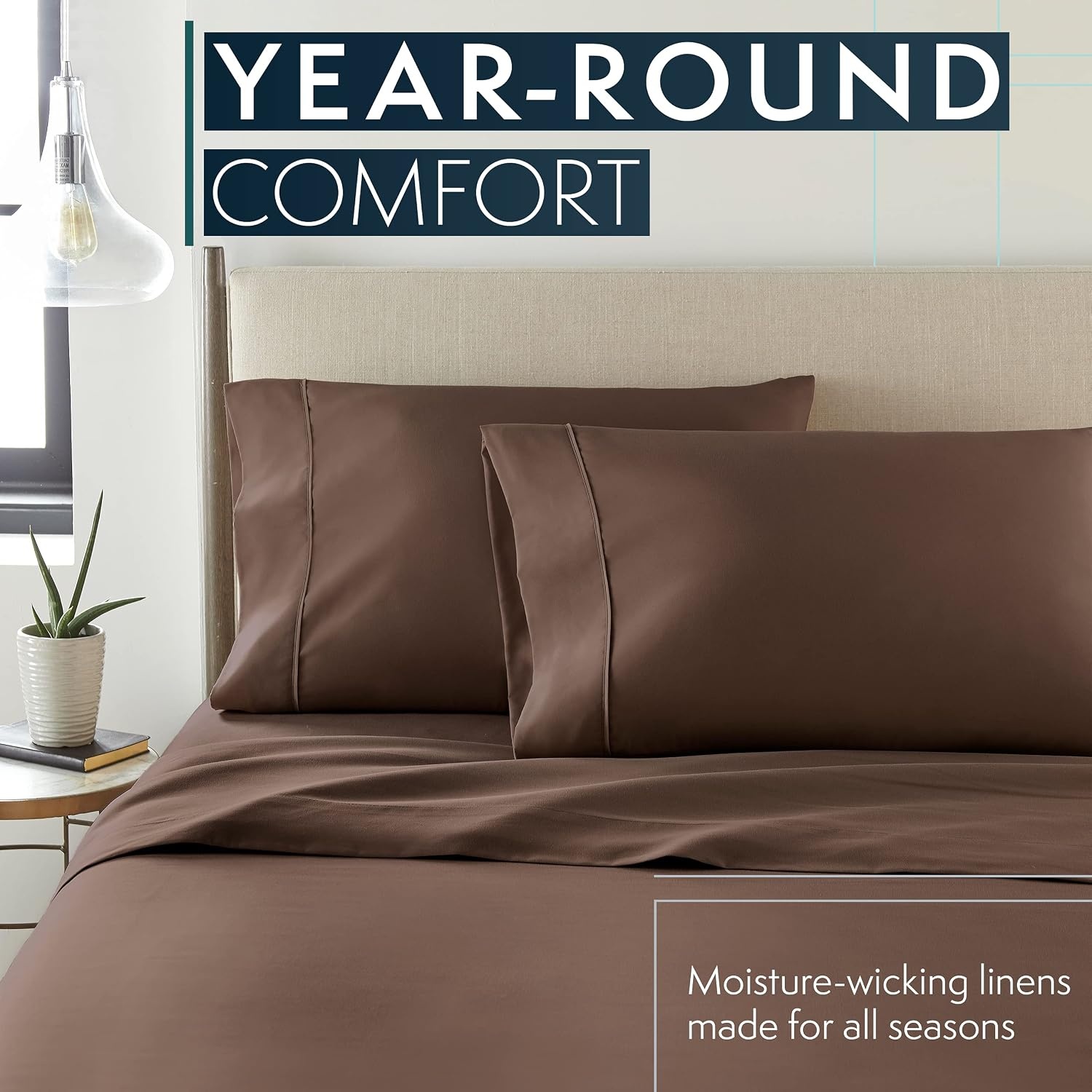 image:imageHC COLLECTION Bed Sheets Set Queen with 2 Pillowcases Hotel Luxury Platinum 1800 Series Brushed Microfiber Deep Pocket Fitted Sheet Fade Resistant Ultra Soft 4 Pcs Bedding for Hot Sleepers Ice Blue13 Brown