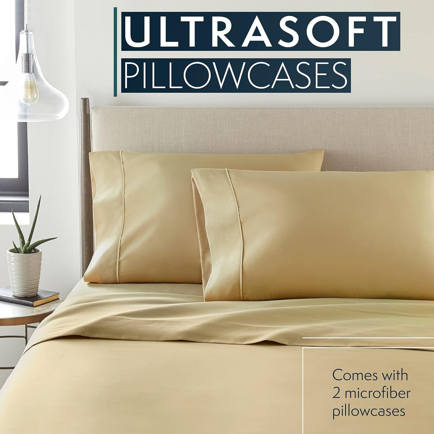 image:imageHC Collection Pillow Cases Standard SizeQueen Size Set of 2 Microfiber Extra Soft Pillowcases Easy Care amp Machine Washable WhiteCamel