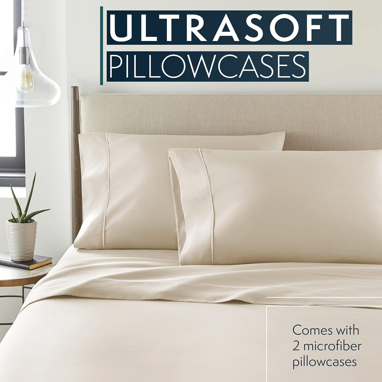 image:imageHC Collection Pillow Cases Standard SizeQueen Size Set of 2 Microfiber Extra Soft Pillowcases Easy Care amp Machine Washable WhiteCream