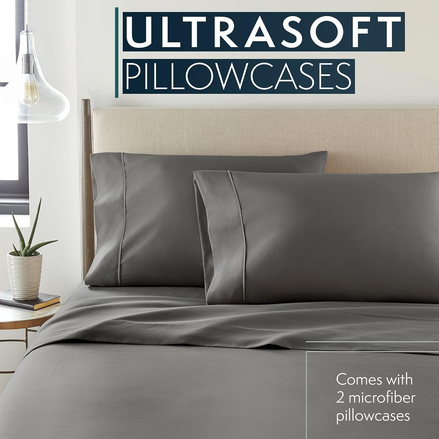image:imageHC Collection Pillow Cases Standard SizeQueen Size Set of 2 Microfiber Extra Soft Pillowcases Easy Care amp Machine Washable WhiteGray