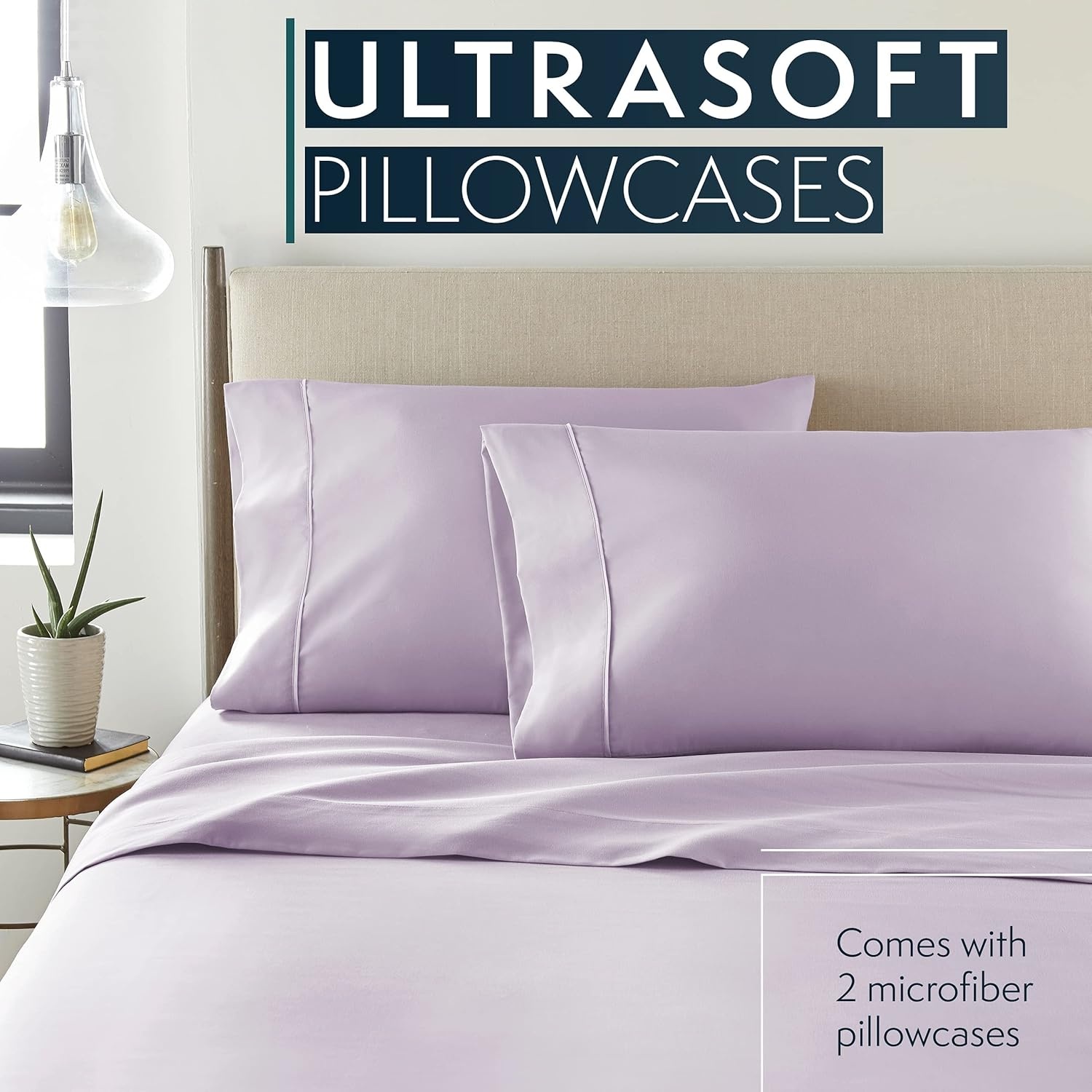 image:imageHC Collection Pillow Cases Standard SizeQueen Size Set of 2 Microfiber Extra Soft Pillowcases Easy Care amp Machine Washable WhiteLavender