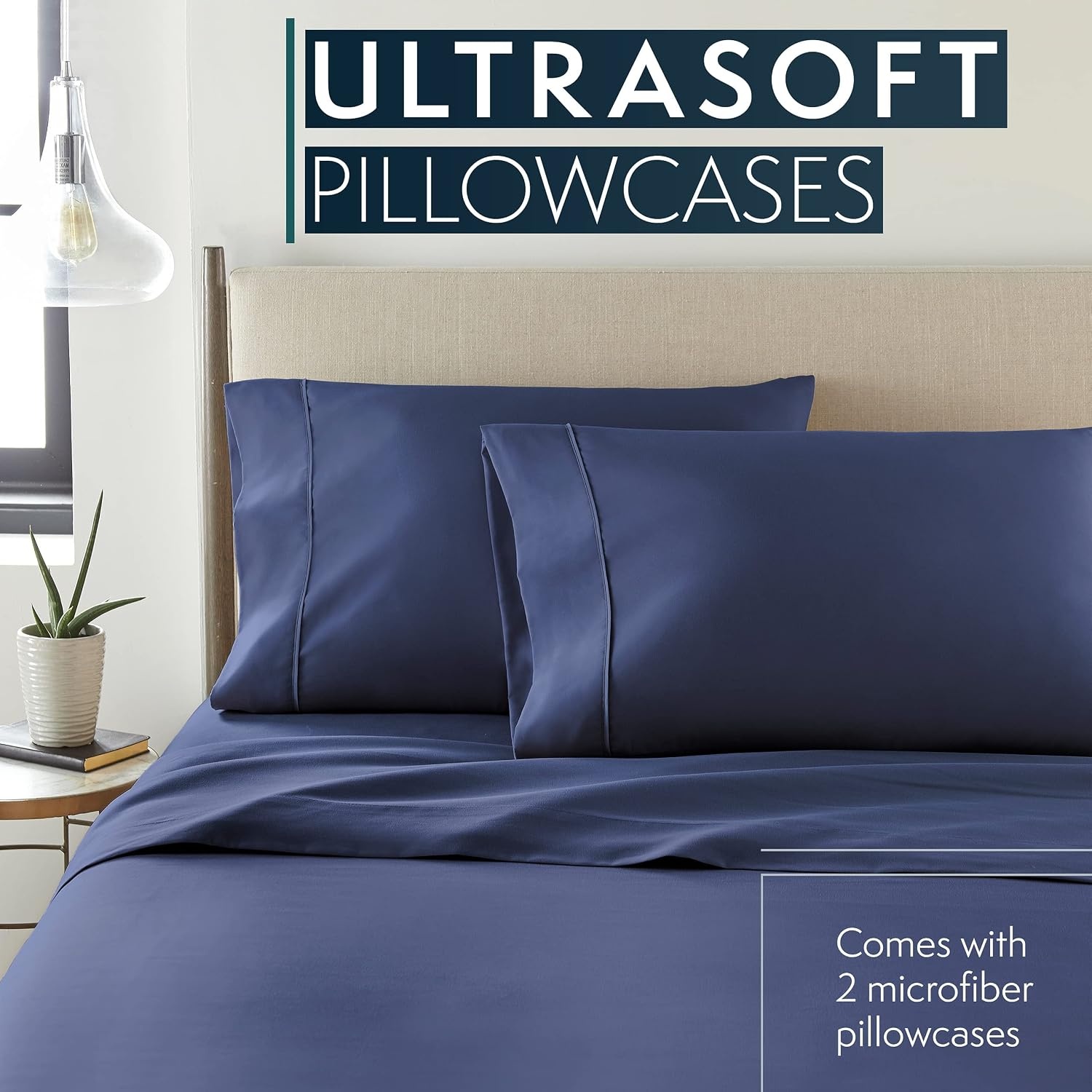 image:imageHC Collection Pillow Cases Standard SizeQueen Size Set of 2 Microfiber Extra Soft Pillowcases Easy Care amp Machine Washable WhiteNavy