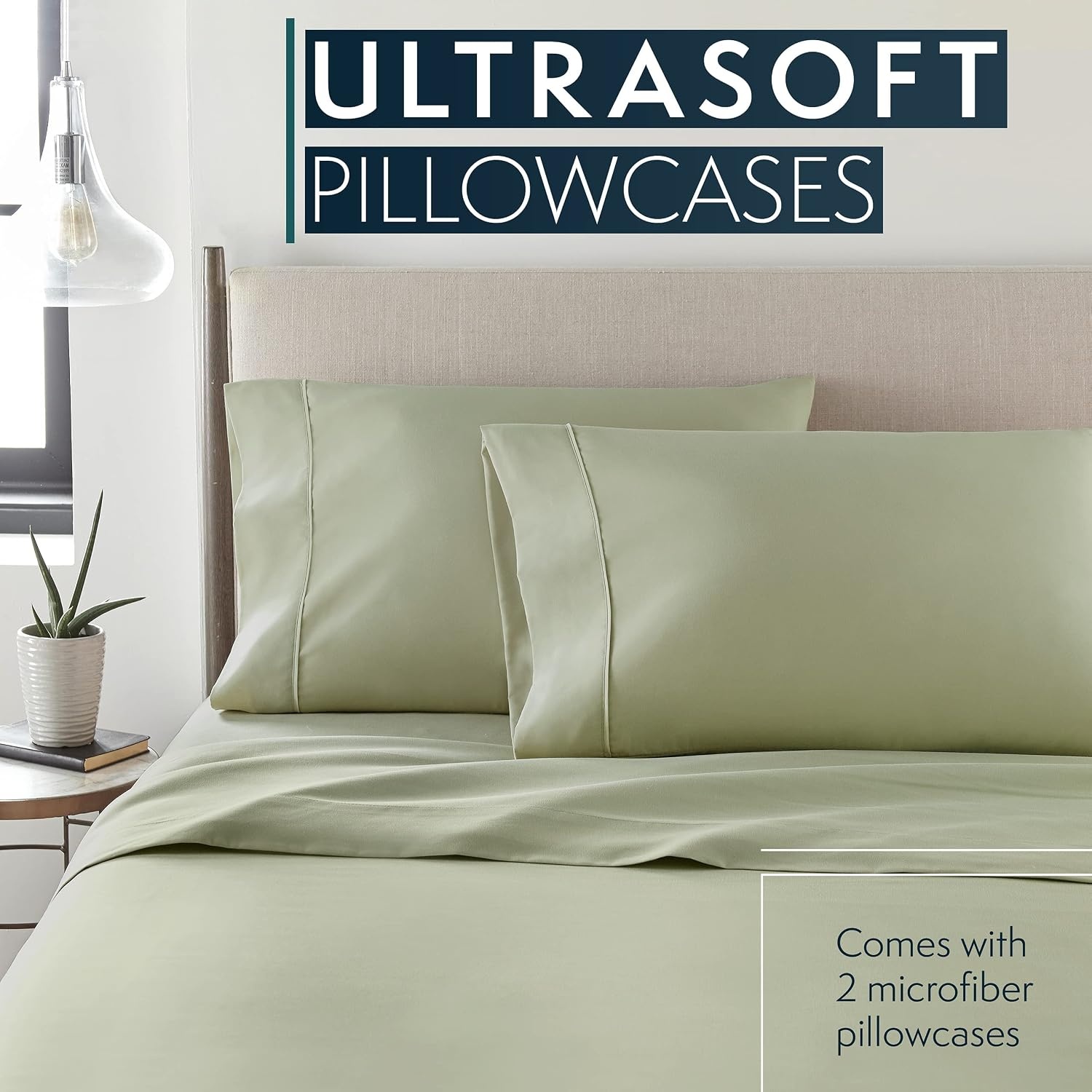 image:imageHC Collection Pillow Cases Standard SizeQueen Size Set of 2 Microfiber Extra Soft Pillowcases Easy Care amp Machine Washable WhiteSage