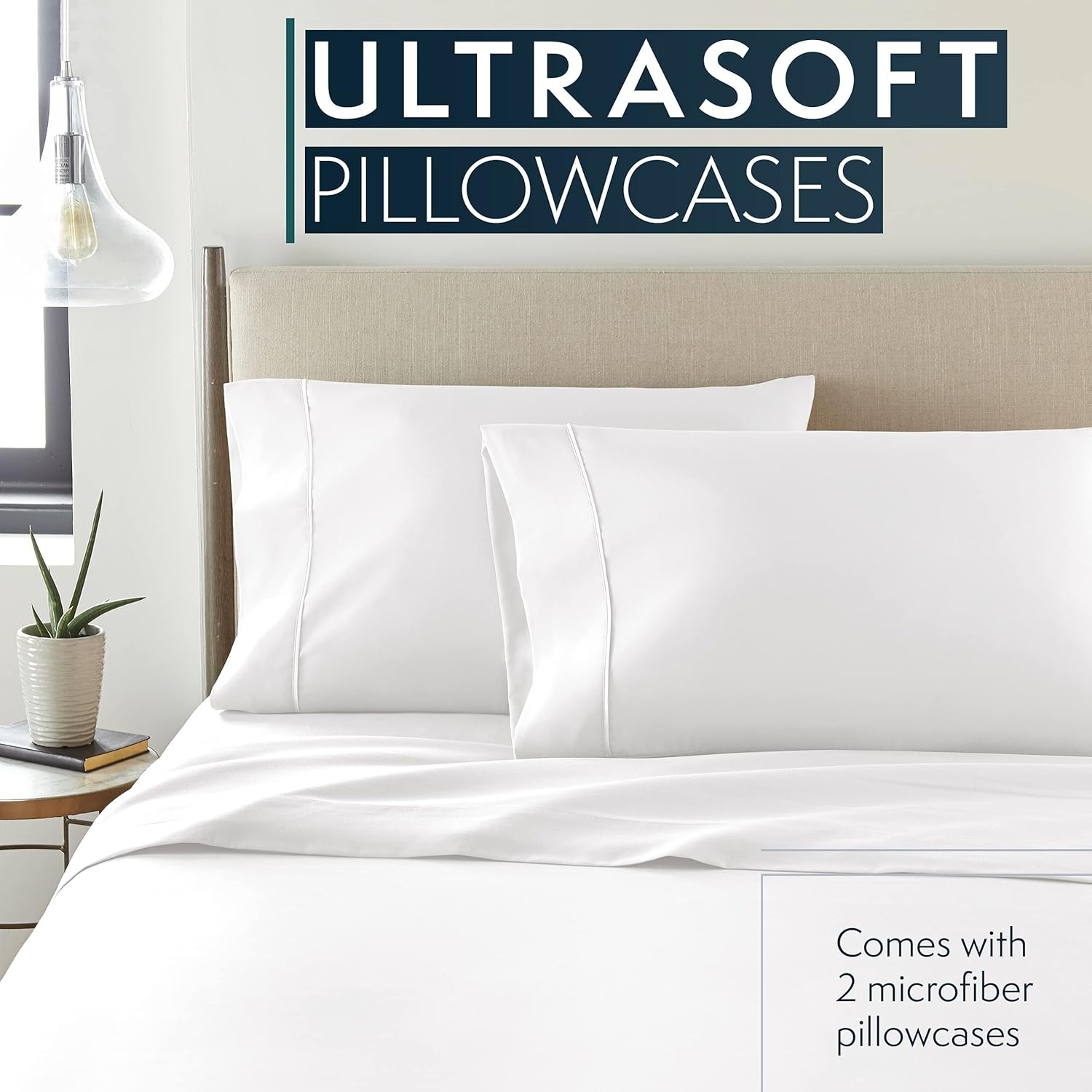 image:imageHC Collection Pillow Cases Standard SizeQueen Size Set of 2 Microfiber Extra Soft Pillowcases Easy Care amp Machine Washable WhiteWhite