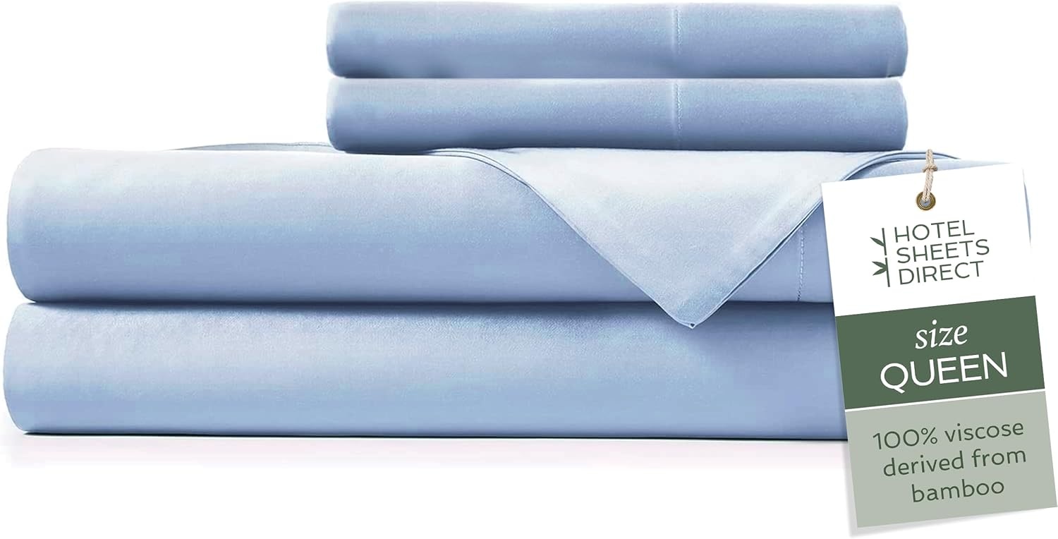 image:imageHotel Sheets Direct 4 Piece Bed Sheet Set Queen Size 100 Viscose Derived from Bamboo Sheets Set with 2 Pillowcases Cooling amp Breathable Luxury Bedding MoistureWicking amp Silky Soft Texture White06 Light Blue