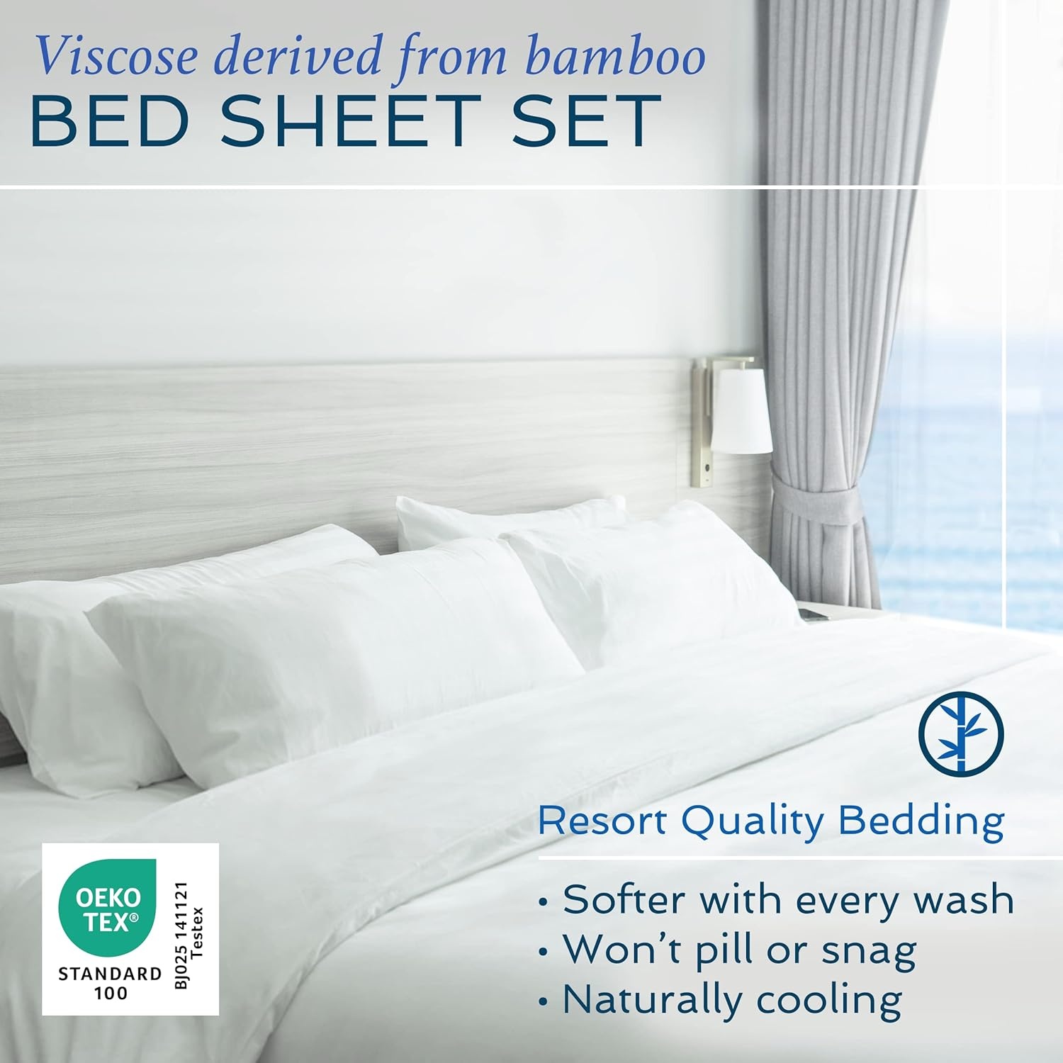 image:imageHotel Sheets Direct 4 Piece Bed Sheet Set Queen Size 100 Viscose Derived from Bamboo Sheets Set with 2 Pillowcases Cooling amp Breathable Luxury Bedding MoistureWicking amp Silky Soft Texture White16 Navy Blue