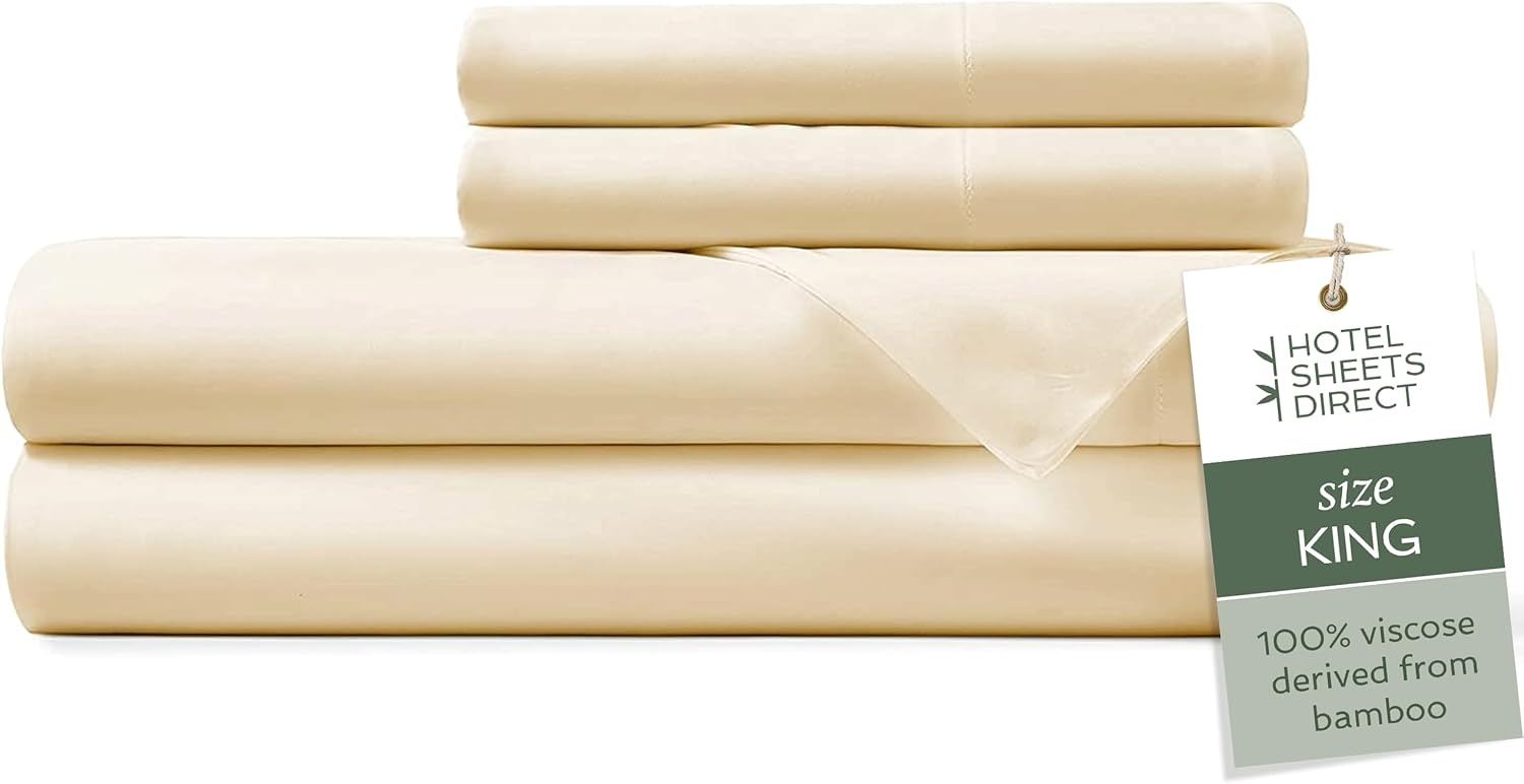 image:imageHotel Sheets Direct 4 Piece Bed Sheet Set Queen Size 100 Viscose Derived from Bamboo Sheets Set with 2 Pillowcases Cooling amp Breathable Luxury Bedding MoistureWicking amp Silky Soft Texture White08 Light Yellow