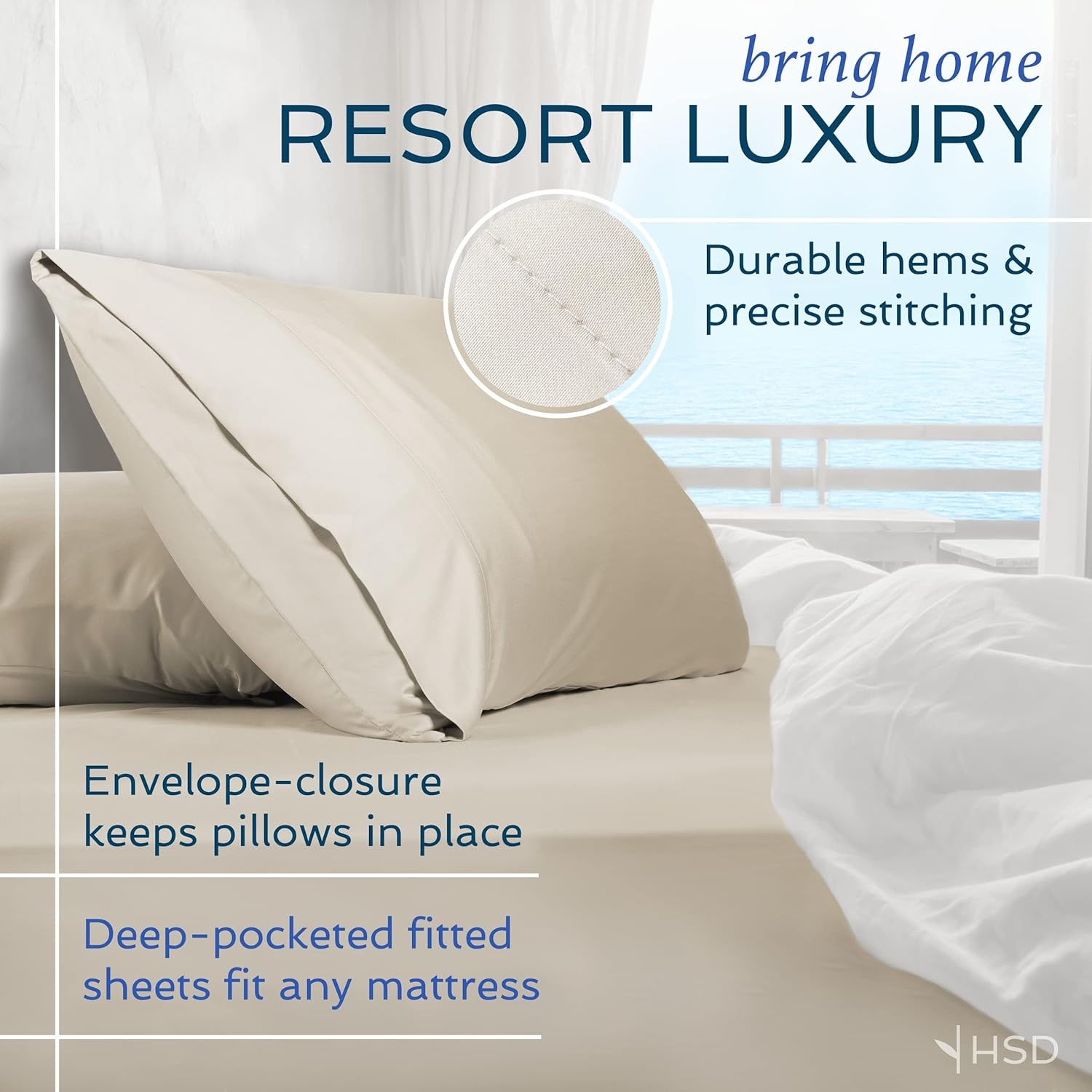image:imageHotel Sheets Direct 4 Piece Bed Sheet Set Queen Size 100 Viscose Derived from Bamboo Sheets Set with 2 Pillowcases Cooling amp Breathable Luxury Bedding MoistureWicking amp Silky Soft Texture White05 Sand
